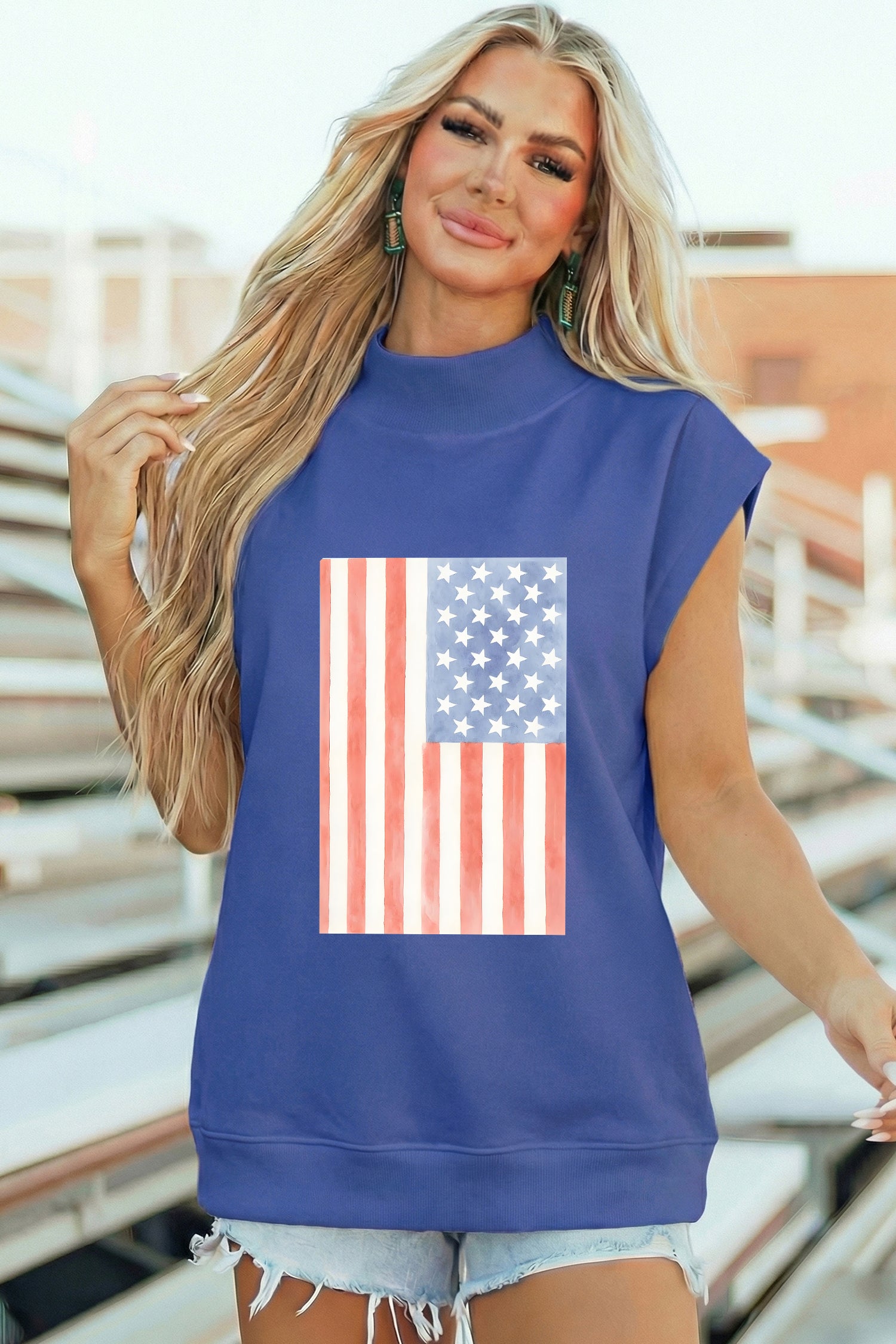 Sky Blue Retro American Flag Printed Mock Neck Tee