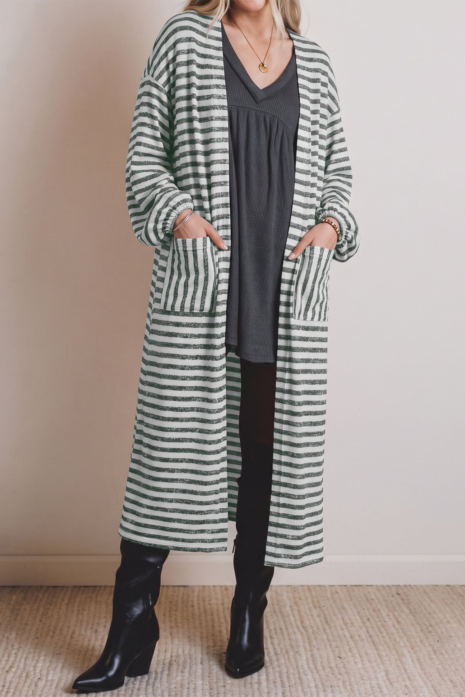 Khaki Stripe Long Puff Sleeve Open Front Oversized Long Cardigan