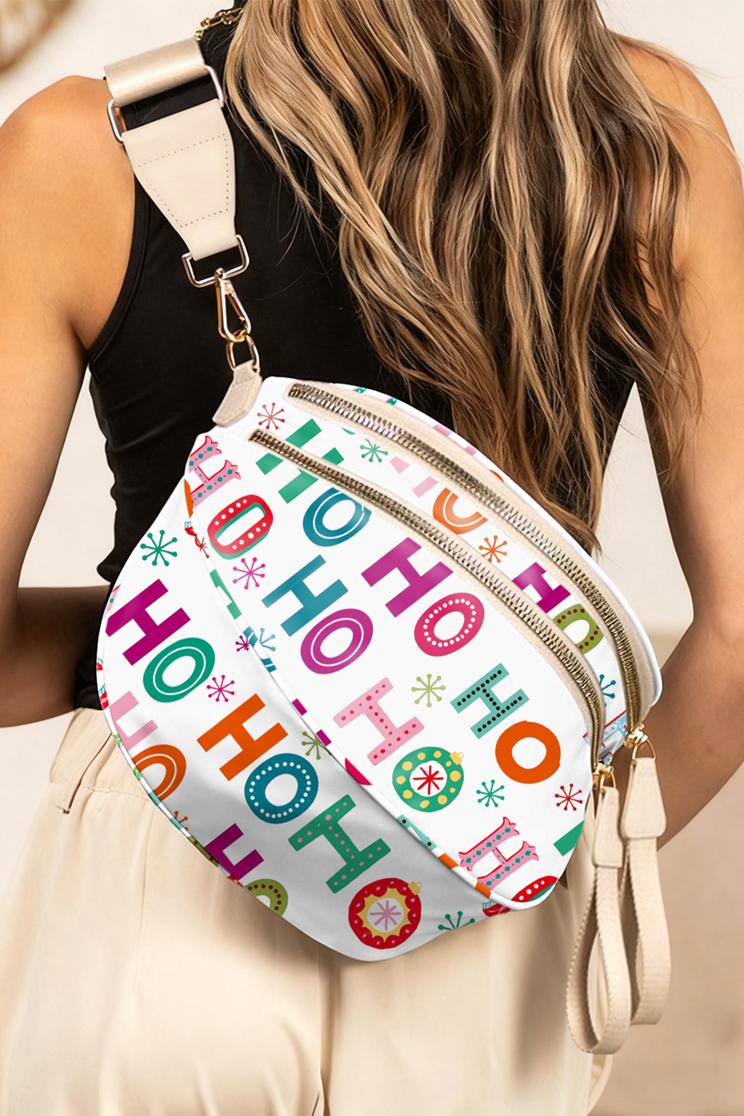 White Christmas Theme Printed Double Zip PU Leather Crossbody Bag