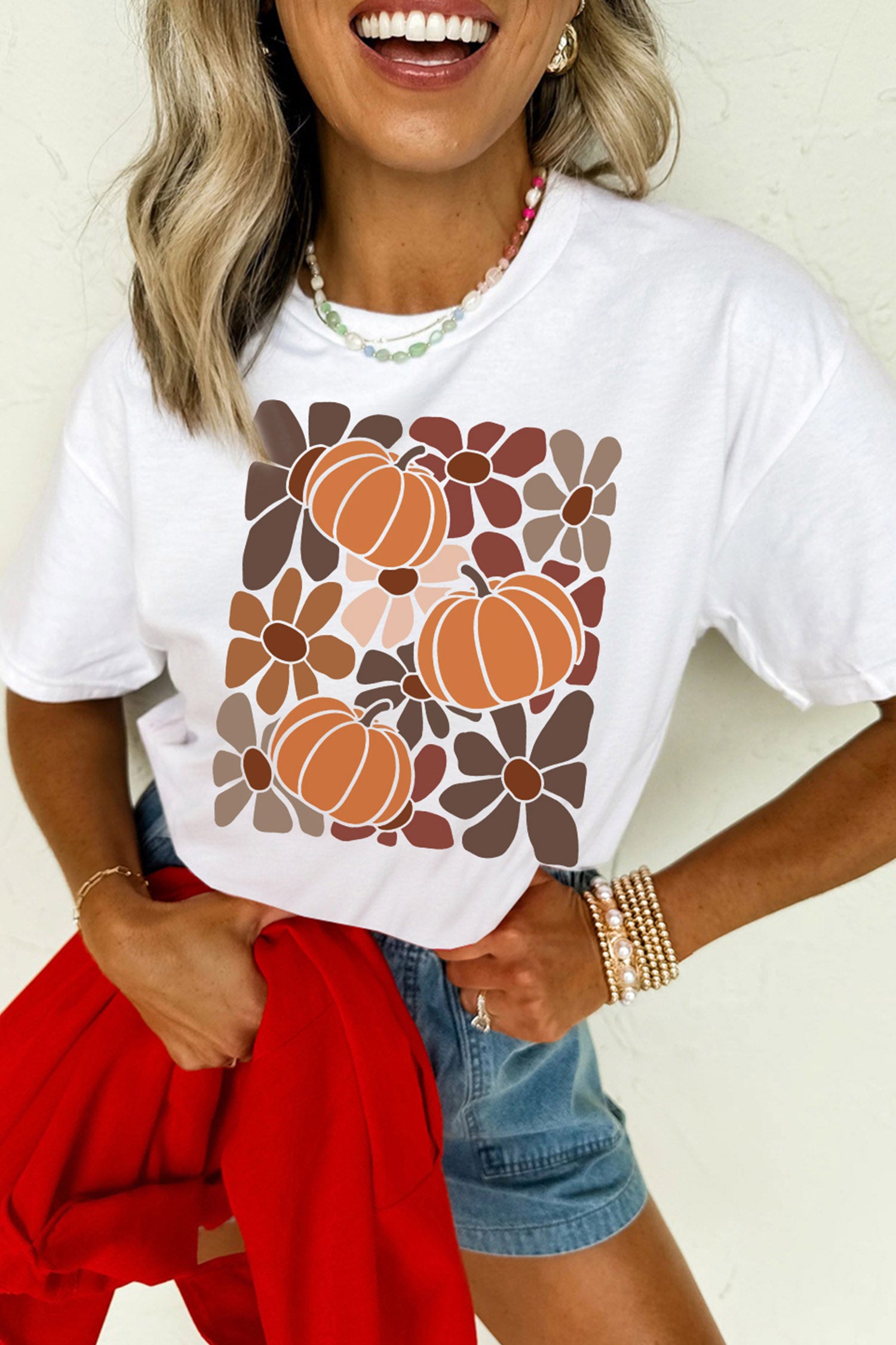 White Floral Pumpkin Print Thanksgiving Casual T-Shirt