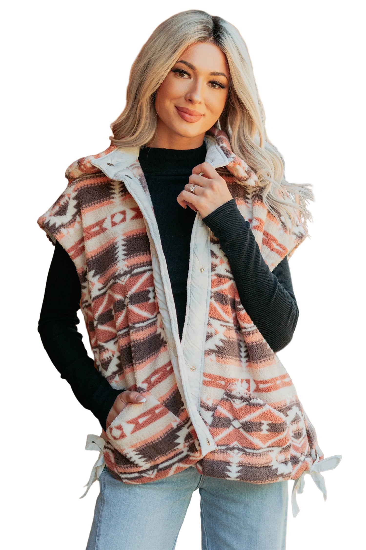 Multicolour Geometric Print Fleece Metal Button Placket Shift Silhouette Vest