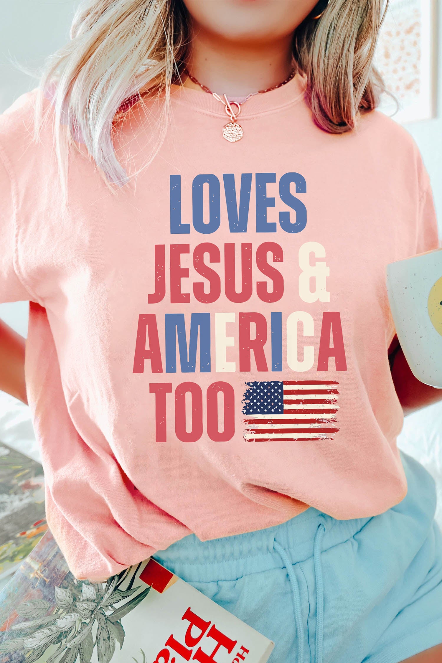 Pink LOVES JESUS & AMERICA TOO Patriotic Flag Graphic Tee