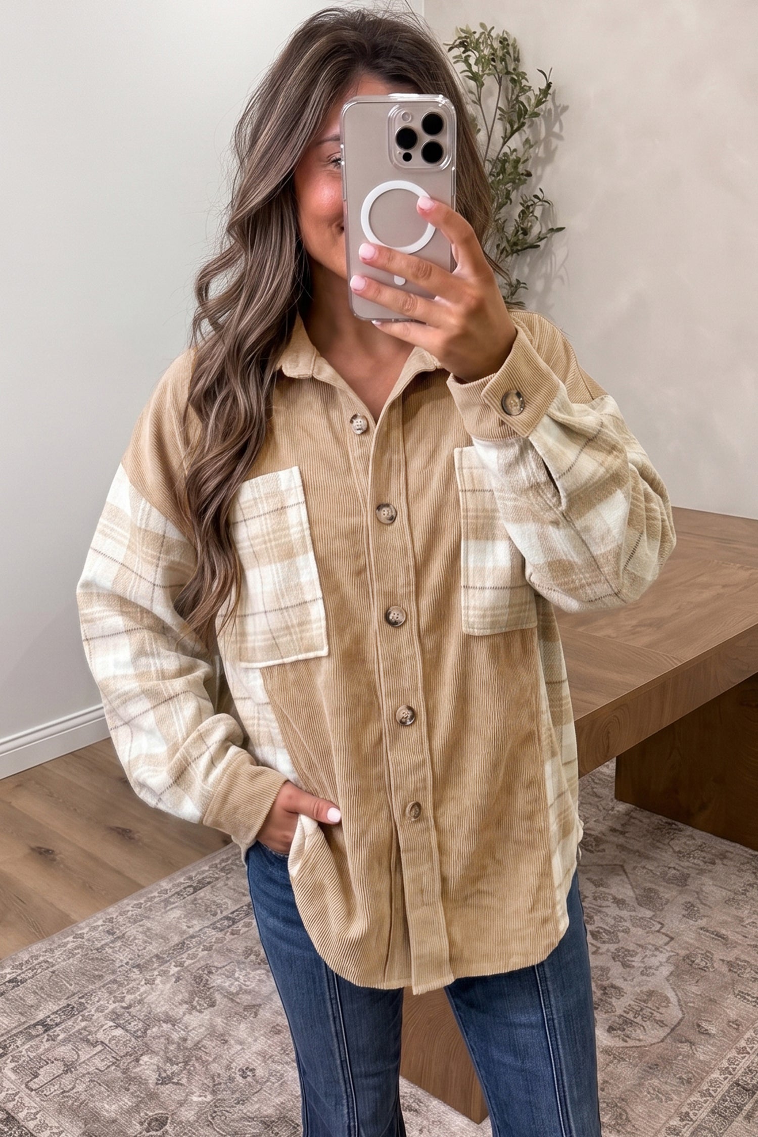 Light French Beige Plaid Colorblock Shirt Collar Shift Shacket