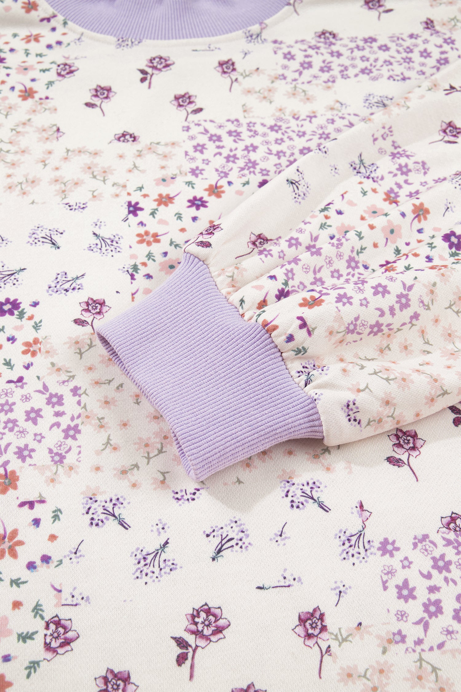 Purple Floral Print High Neck Colorblock Sleeve Paneling Sweatshirt