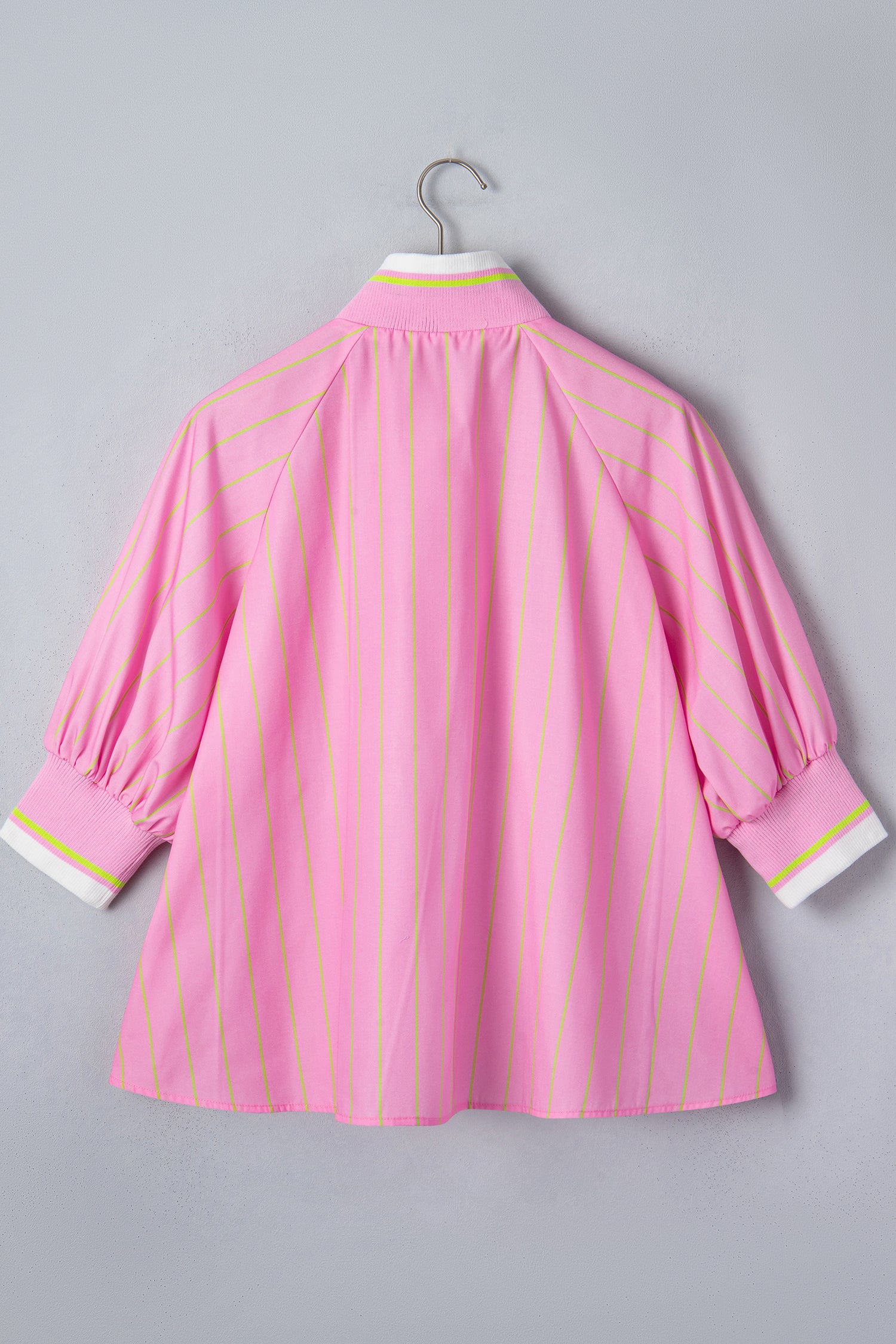 Pink Stripe Striped V-Neck Half Sleeve Zipper Ribbed Cuff Casual Shift Blouse
