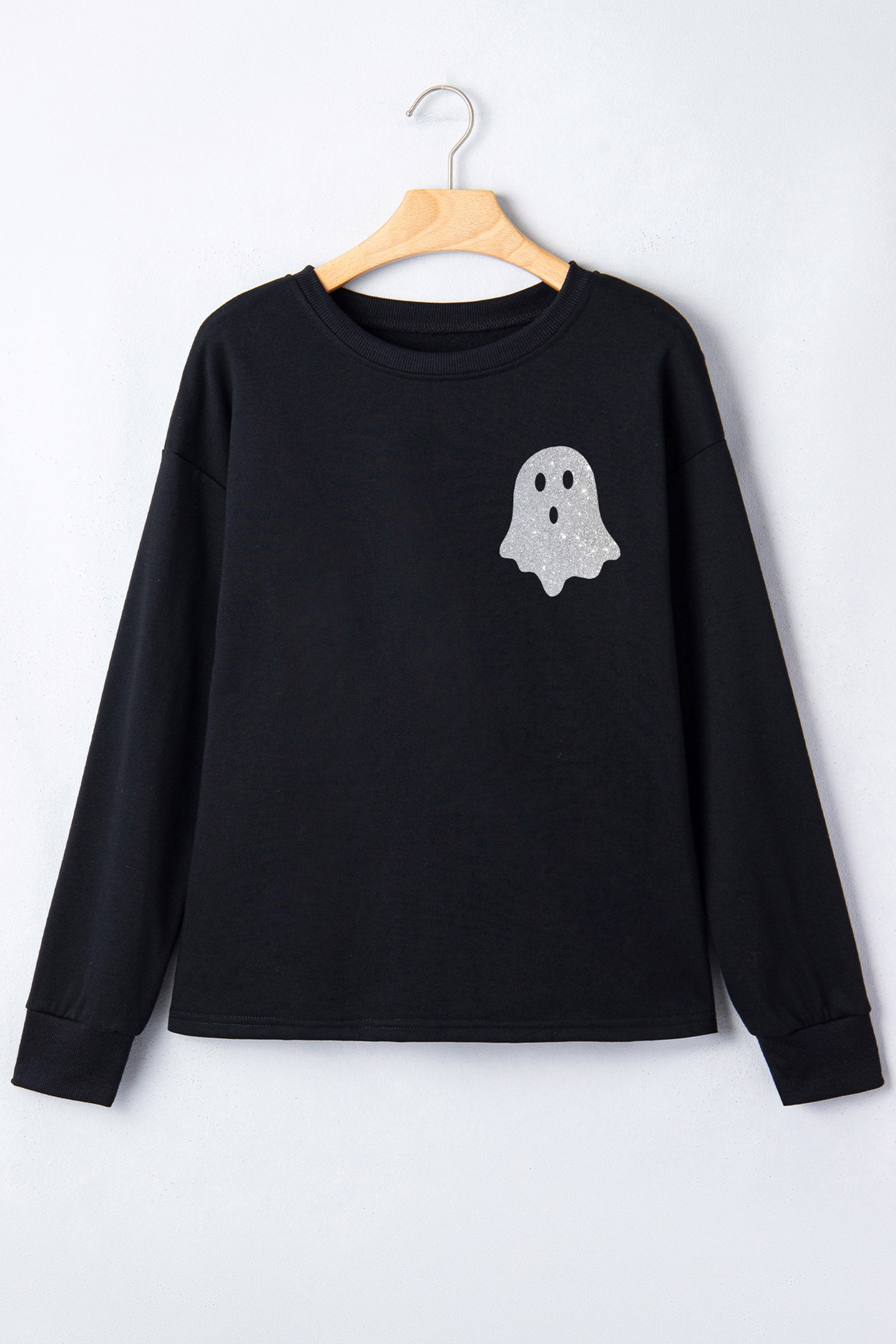 Black Round Neck Ghost Print Regular Fit Graphic Long Sleeve T-Shirt