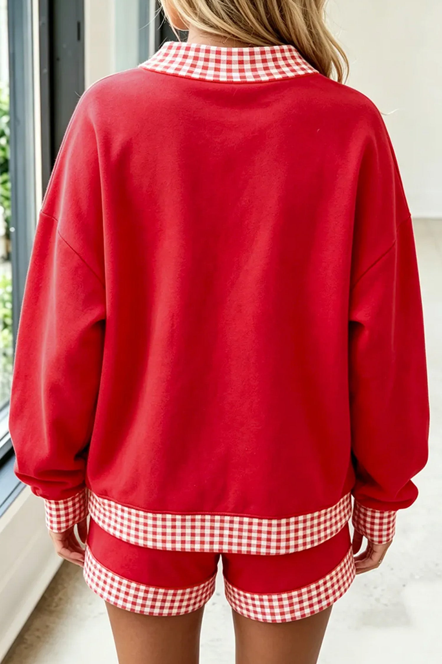 Fiery Red Game Day Gingham Trim Graphic Long Sleeve Top Shorts Set
