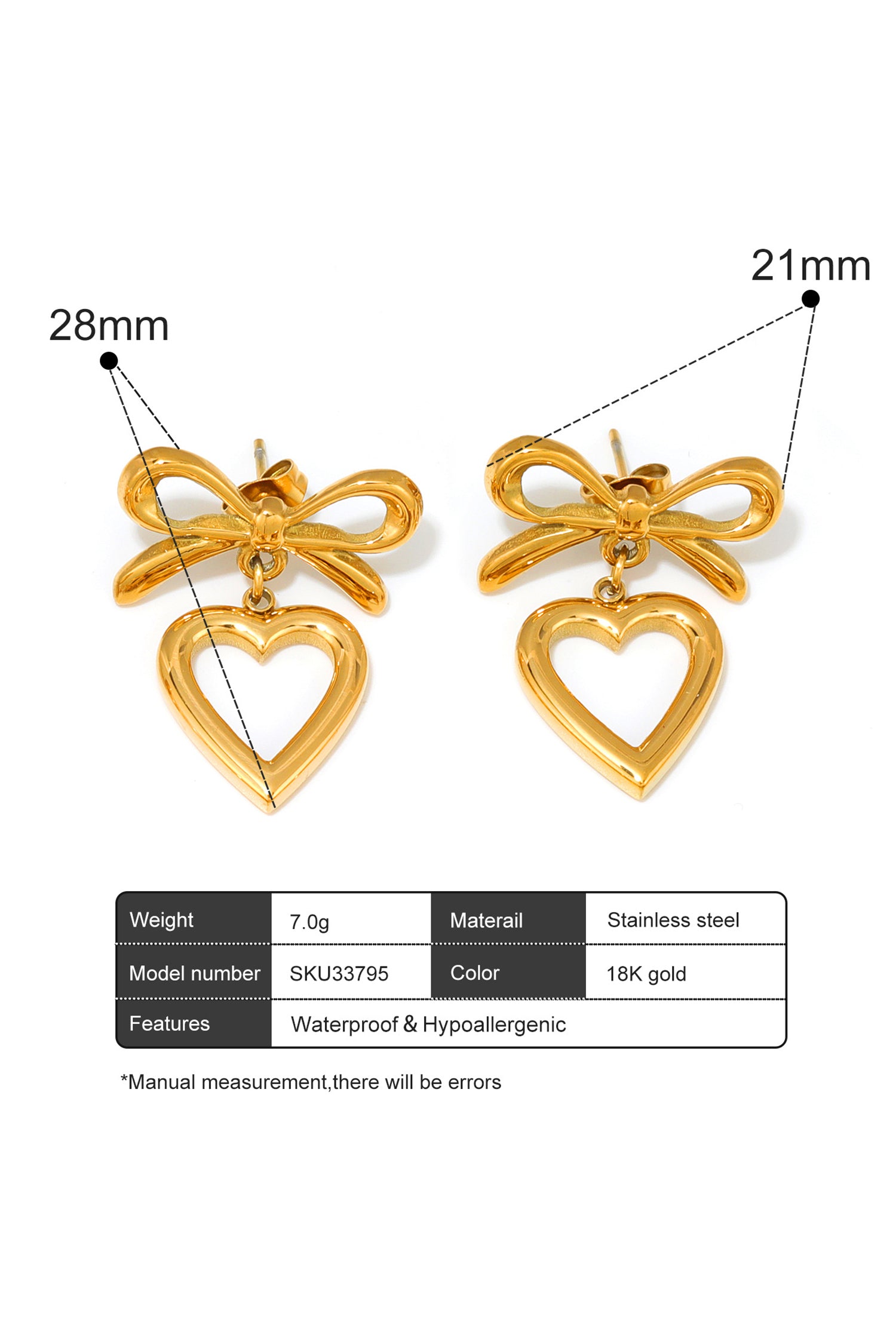 Gold Plated Hollowed Heart Bow Studded Earrings