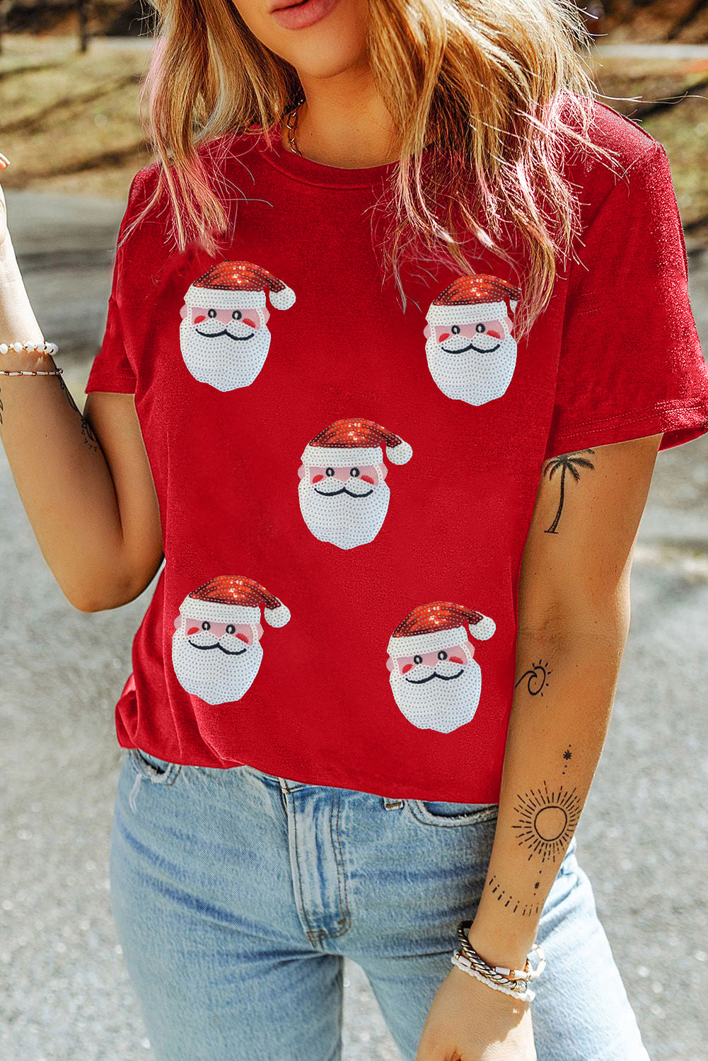 Red Faux Sequin Christmas Claus Pattern Crewneck T Shirt
