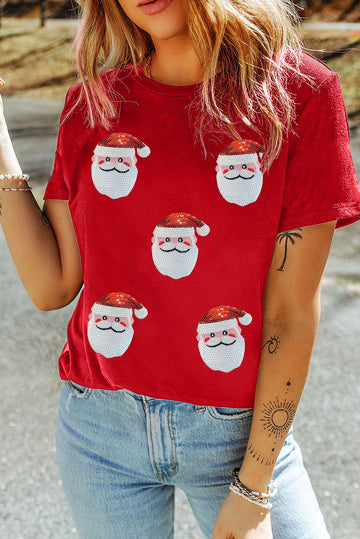 Red Faux Sequin Christmas Claus Pattern Crewneck T Shirt
