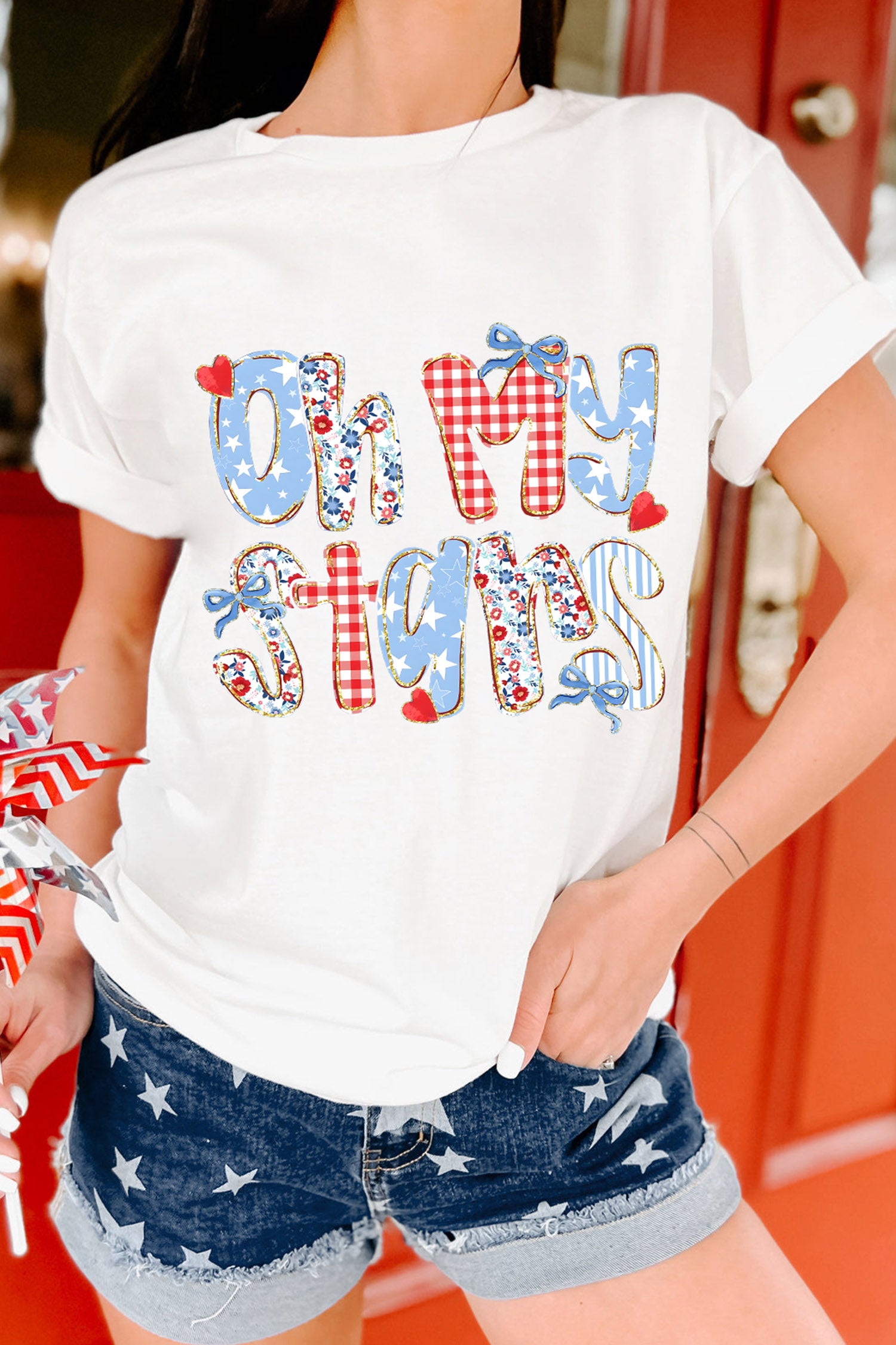 White Patriotic Oh My Stars Slogan Graphic T-Shirt