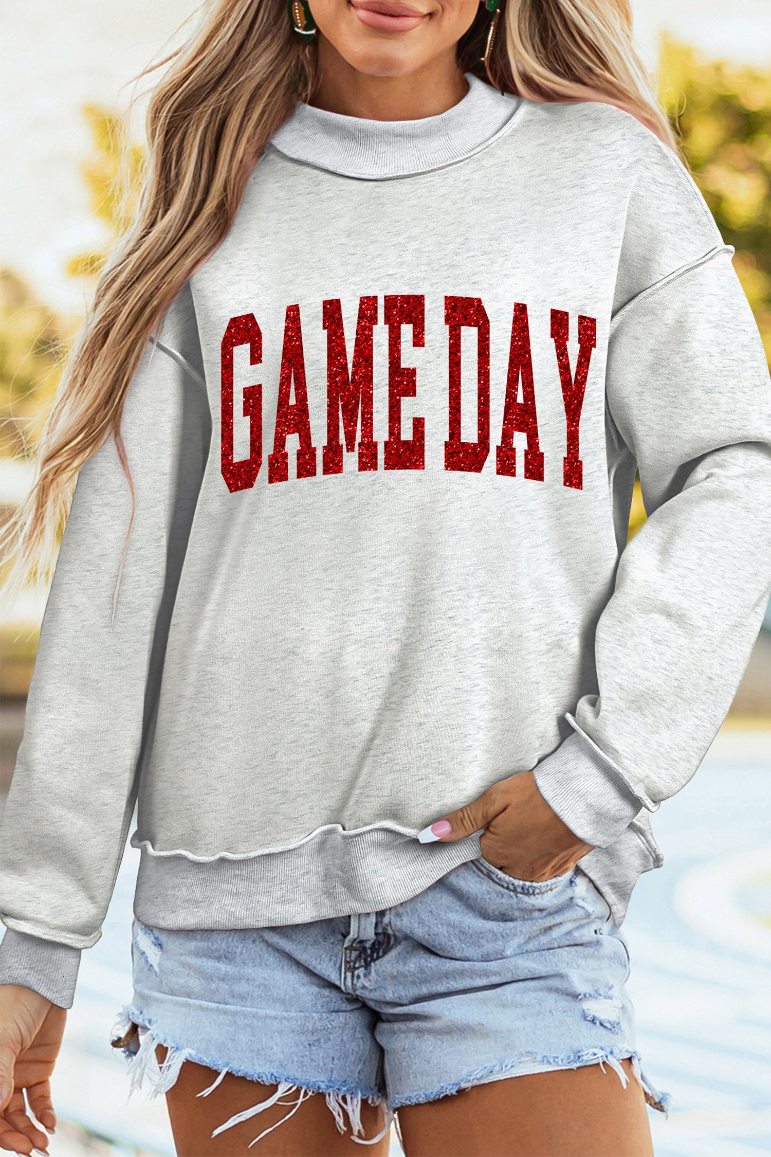 Light Grey Glitter Letter Game Day Mock Neck Casual Graphic Sweatshirt