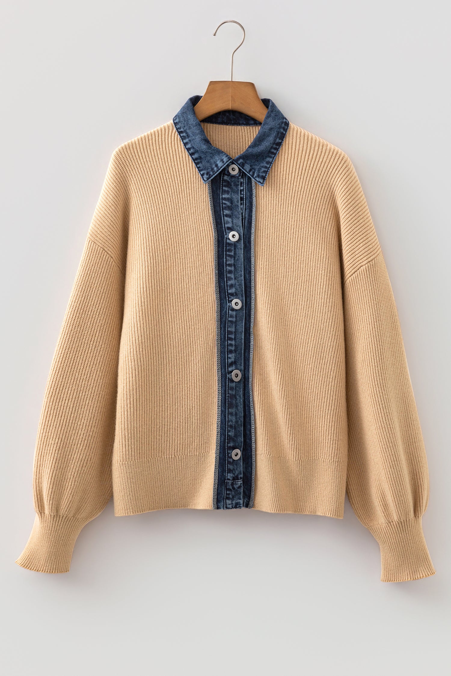 Parchment Drop Shoulder Placket Paneling Shirt Collar Long Sleeve Cardigan