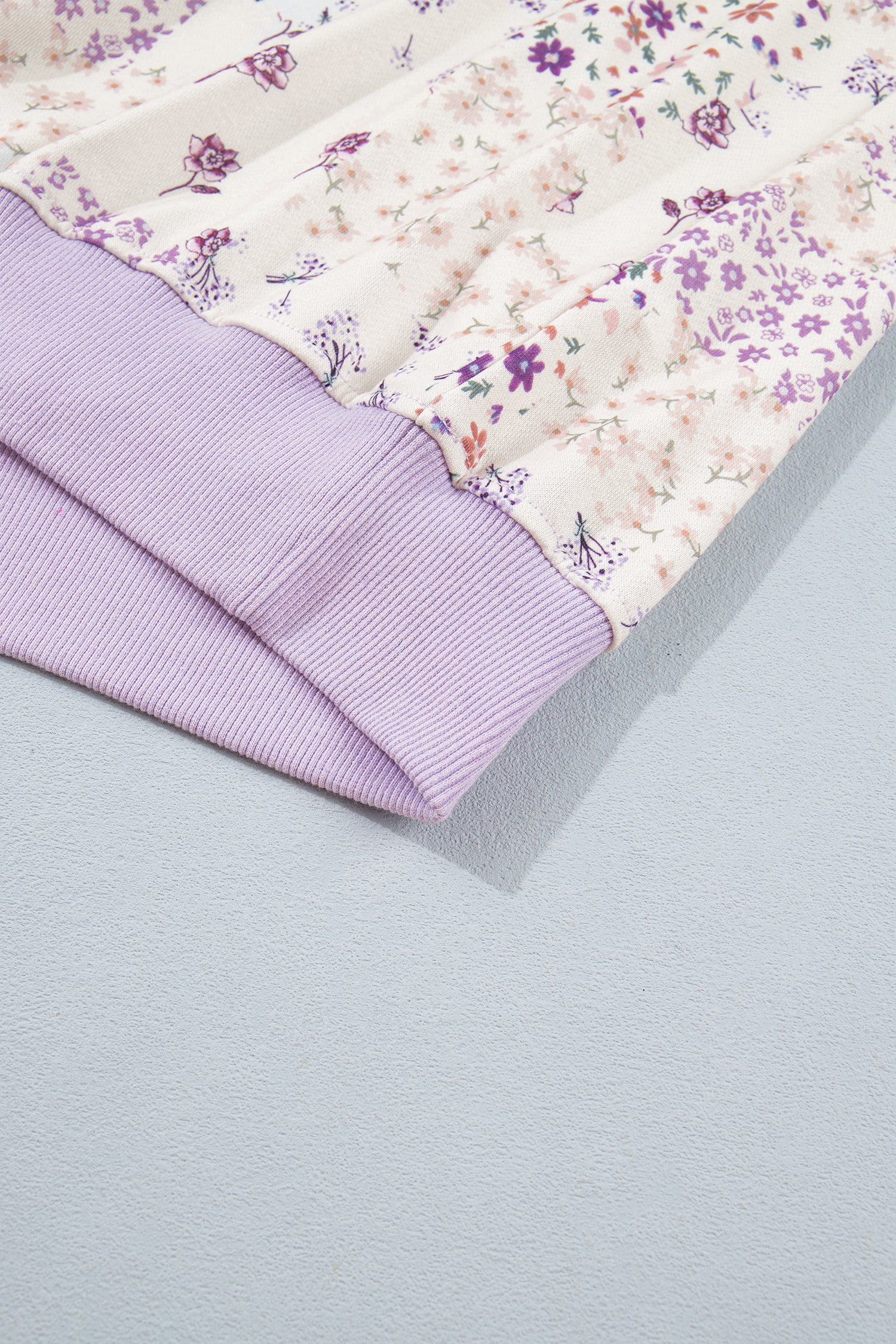 Purple Floral Print High Neck Colorblock Sleeve Paneling Sweatshirt