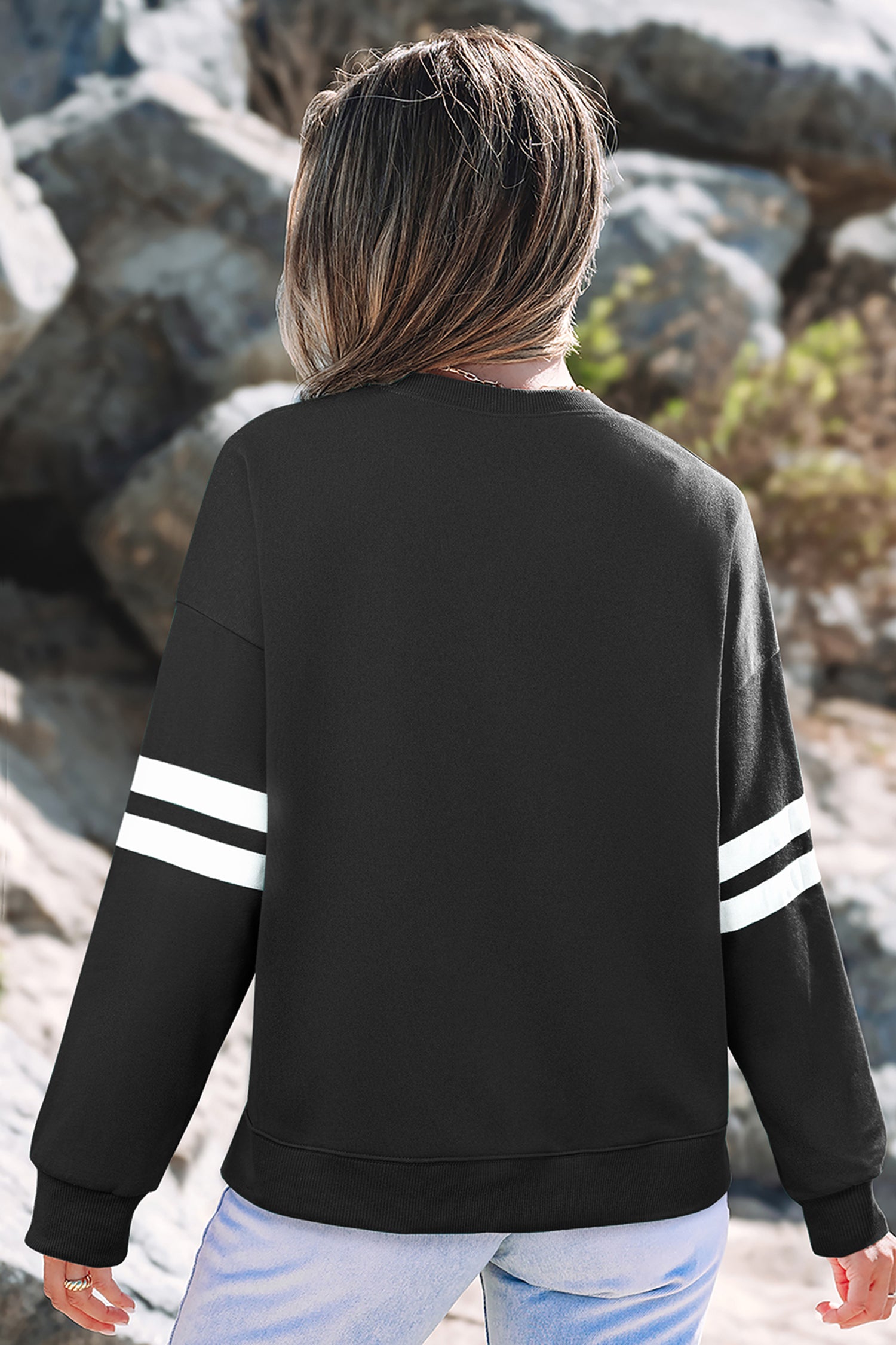 Black Sequin Halloween Ghosts Bows Graphic Varsity Striped Sleeve Casual Pullover Sweatshirt