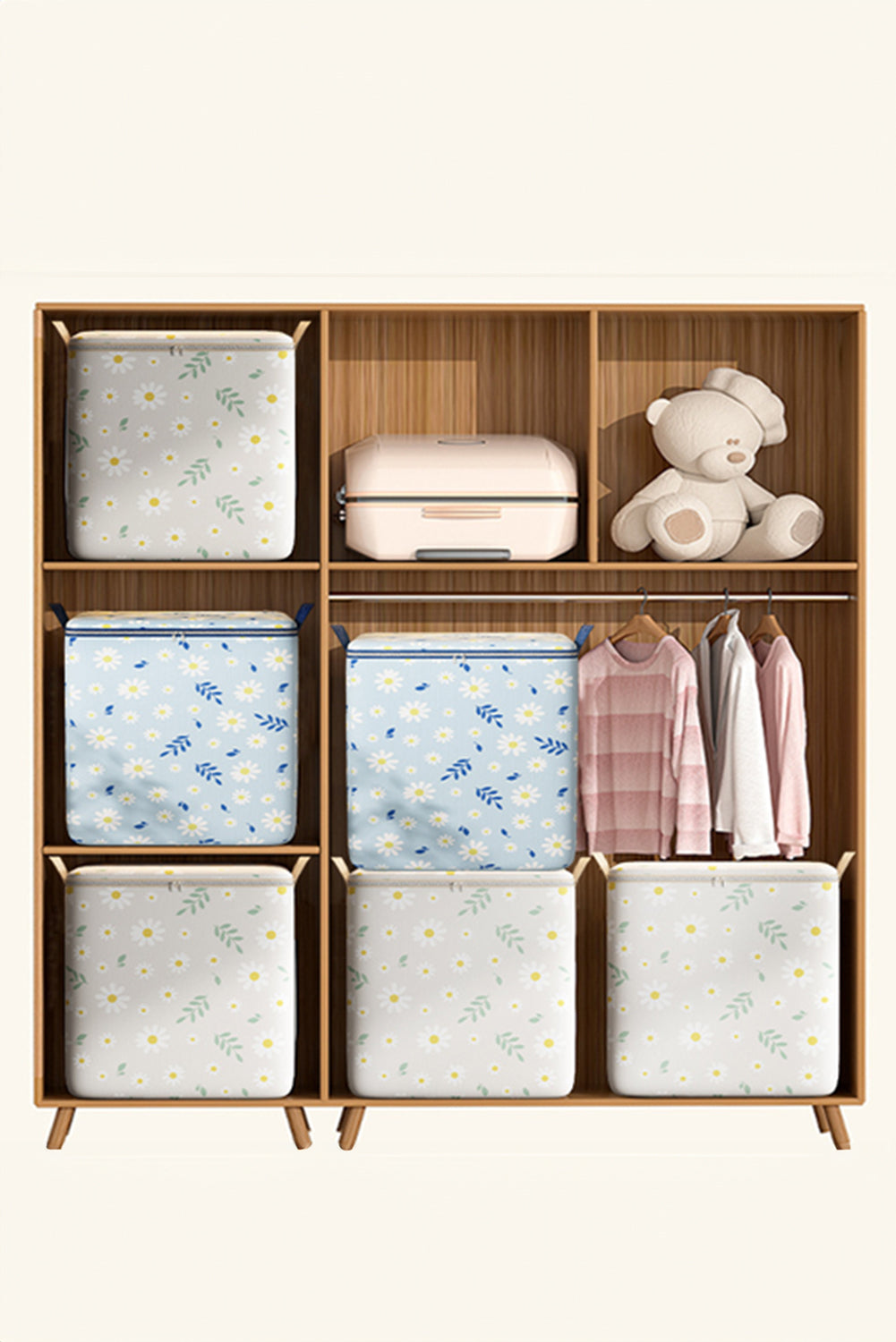 White Daisy Print Nonwovens Wardrobe Large Storage Bag with Lid