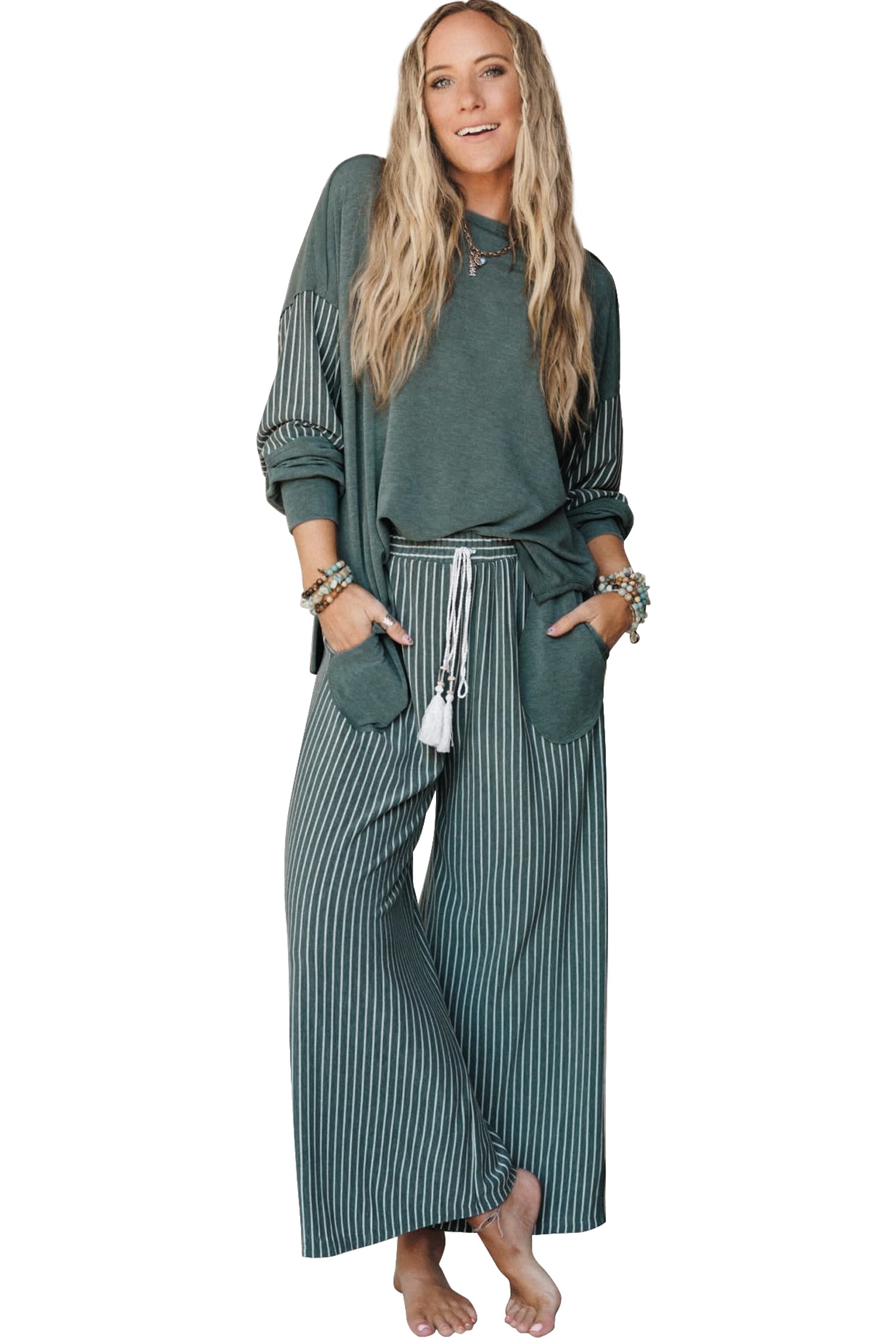 Green Bay Raw Seam Patchwork Long Sleeve Top Pocket Casual Pants 2pcs Set