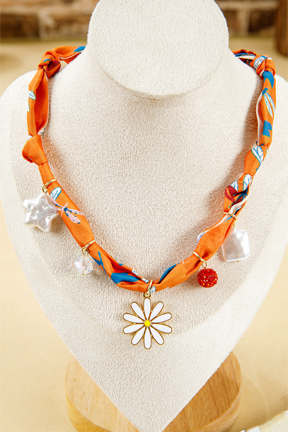 Orange Dragonfly Print Daisy Flower Pearl Crystal Decor Ribbon Necklace