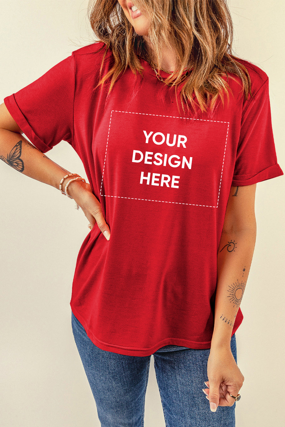 Red Casual Plain Crew Neck Tee