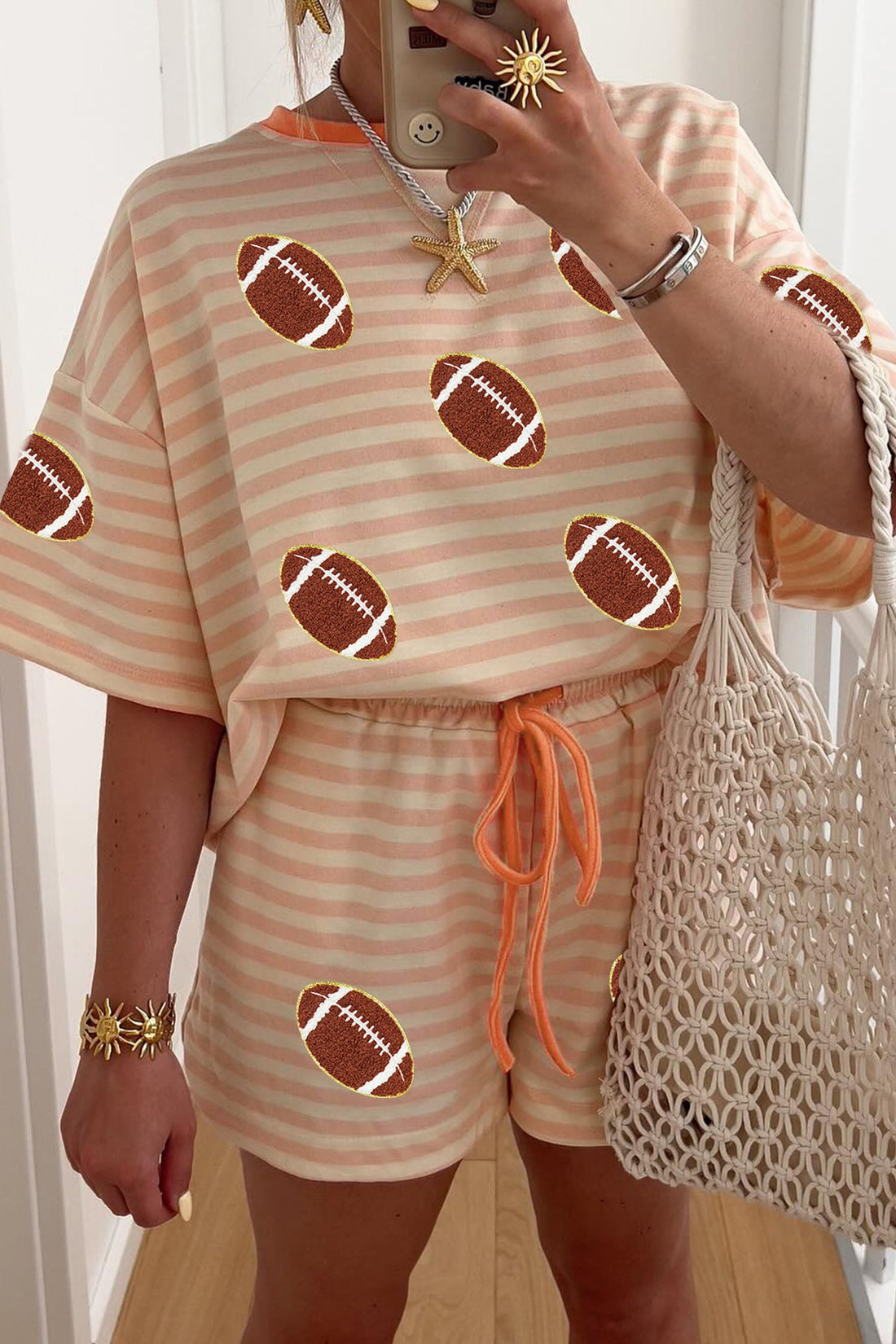 Casual Stripe Chenille Football Pattern Short Sleeve Two Piece Set