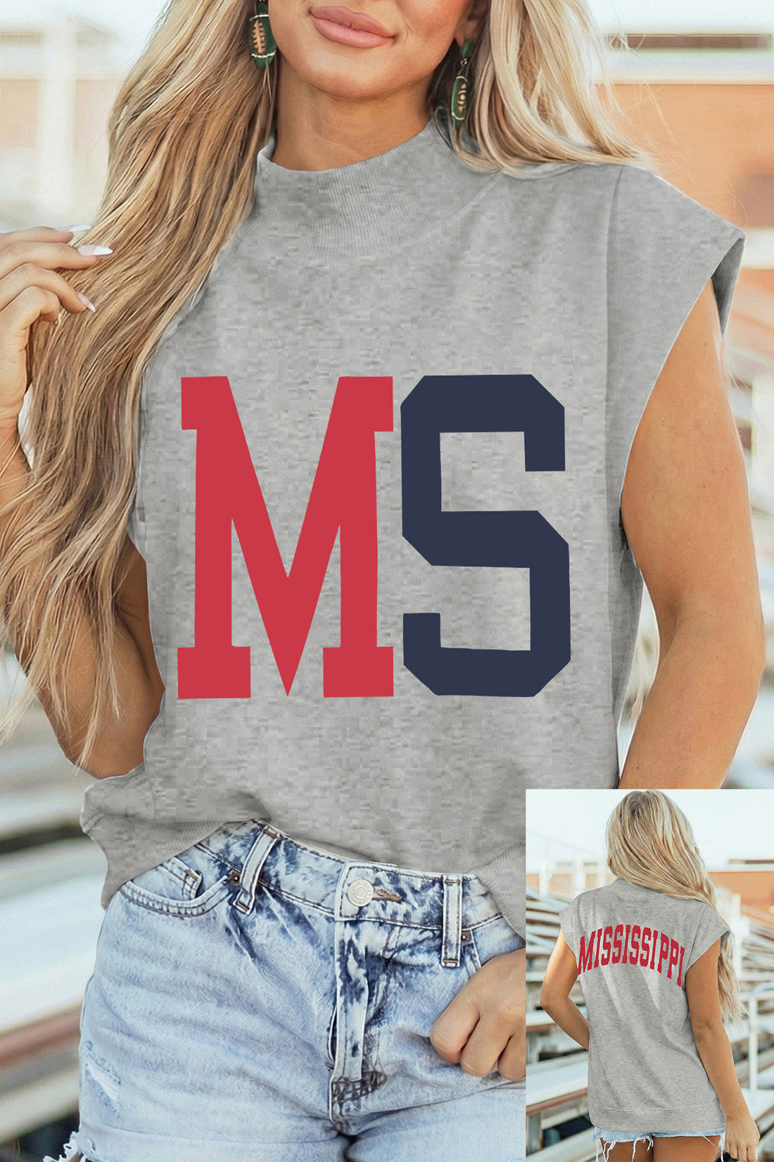 Light Grey MS/ MISSISSIPPI Double Side Printed Mock Neck Tee