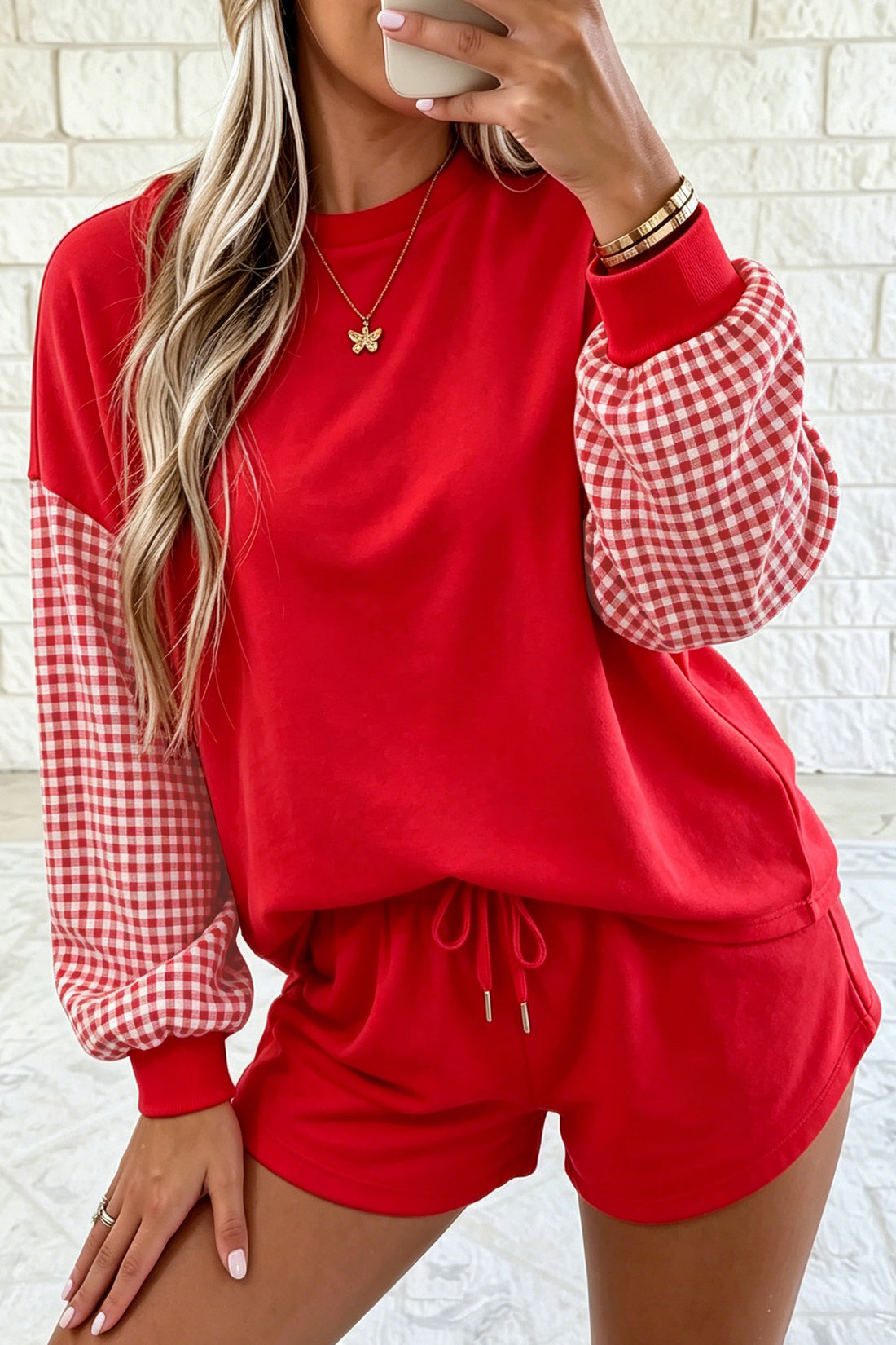 Red Plaid Patchwork Long Sleeve Top Solid Drawstring Shorts Set