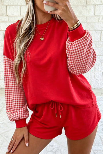 Red Plaid Patchwork Long Sleeve Top Solid Drawstring Shorts Set