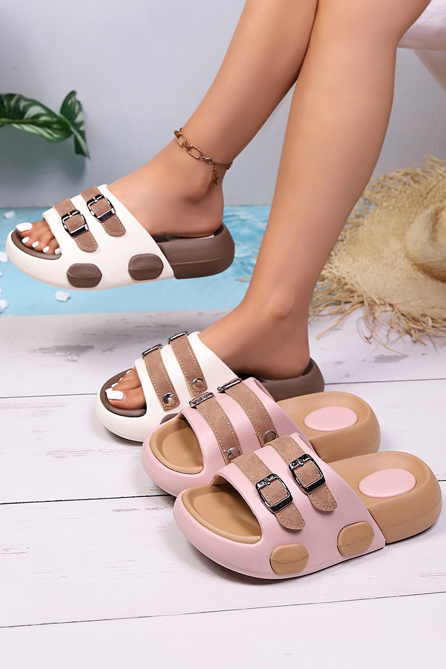 Pink Buckle Straps Detail Comfy EVA Slippers