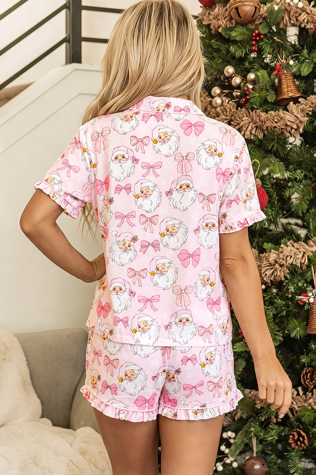 Pink Santa Print Paneling Shift Silhouette Short Sleeve Lounge Set