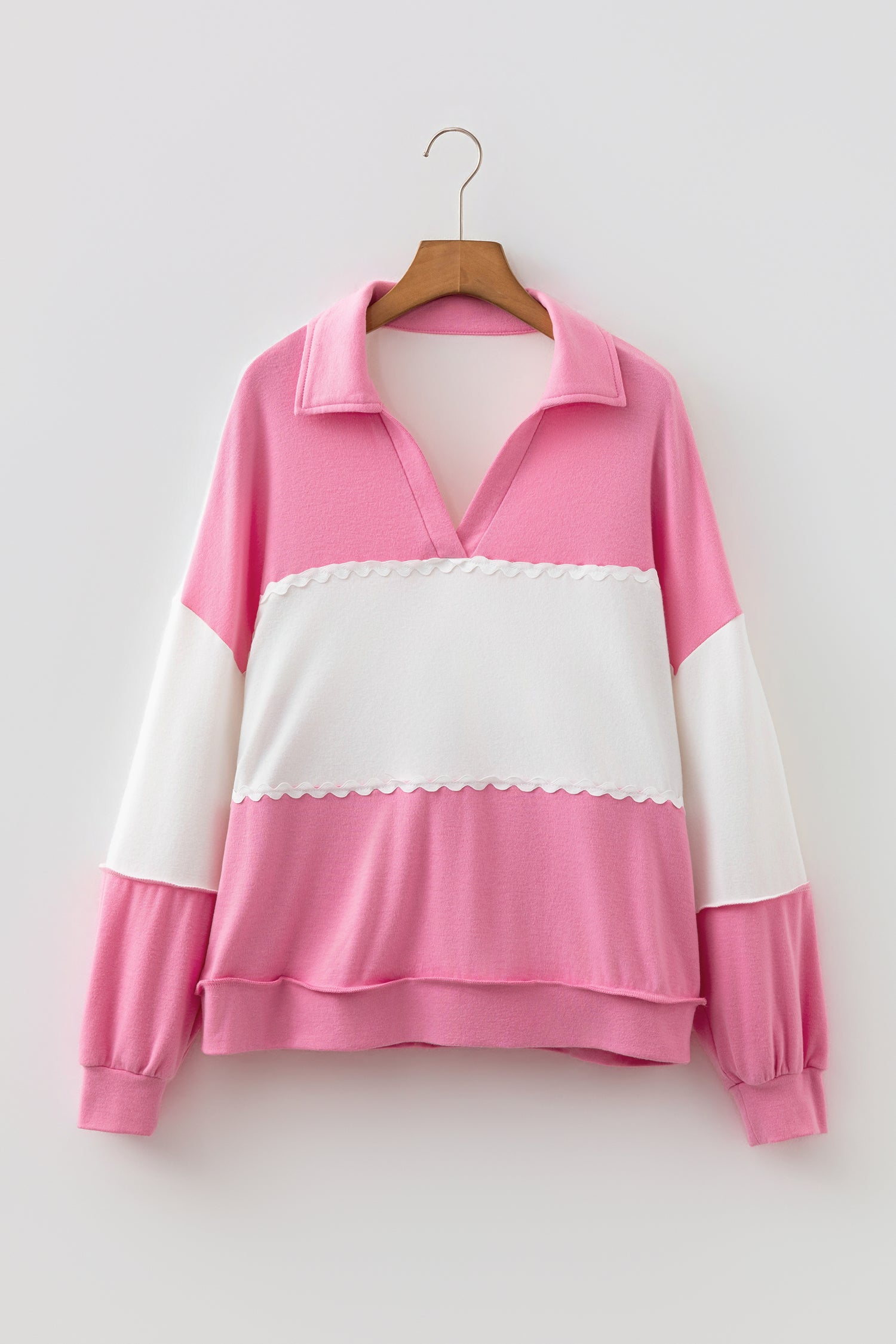 Rose Red Color Block Ricrac Trim Patchwork Collar V Neck Long Sleeve Top