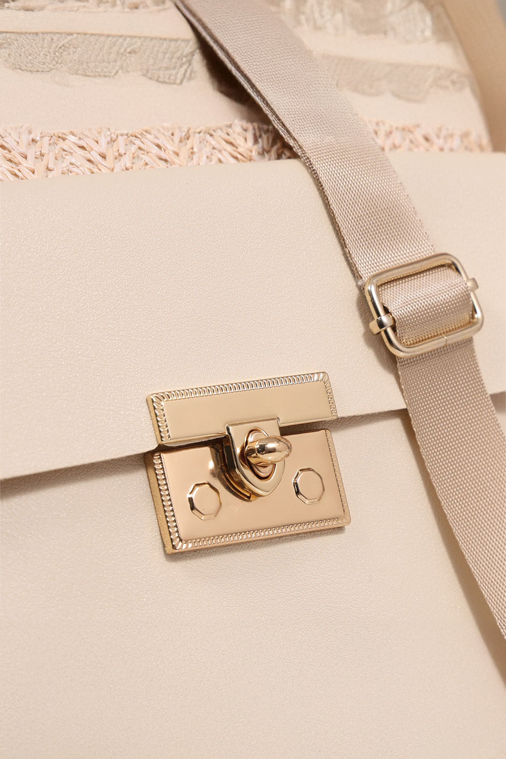 Beige Leather Pocket Patchwork Straw Woven Shoulder Bag