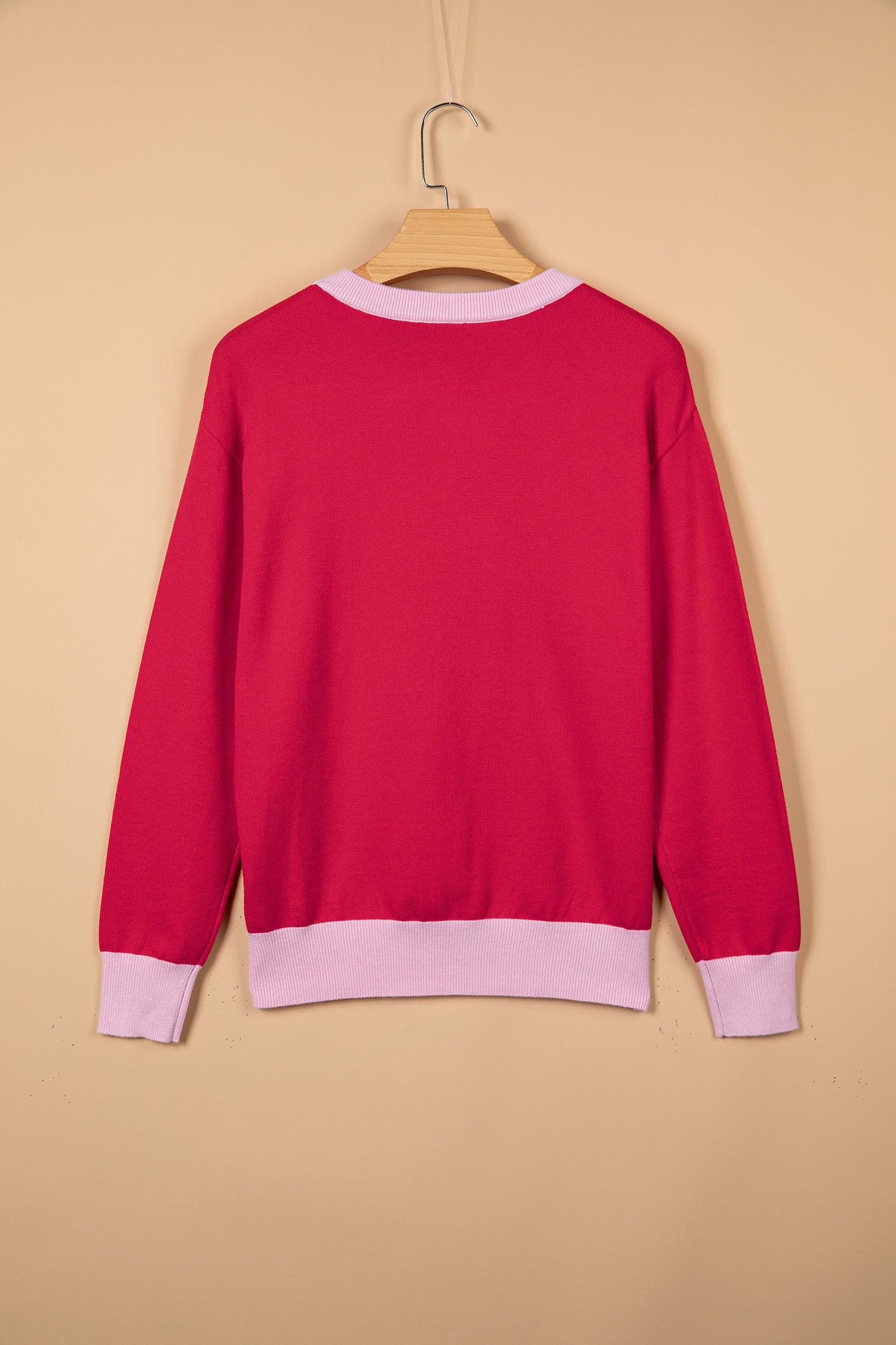 Red Drop Shoulder Round Neck Letter Print Colorblock Sweater