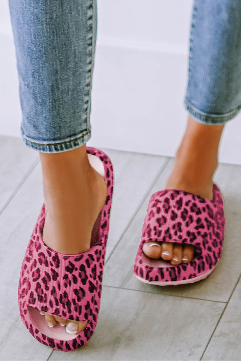 Rose Leopard Print Thick Sole Slip On Slippers