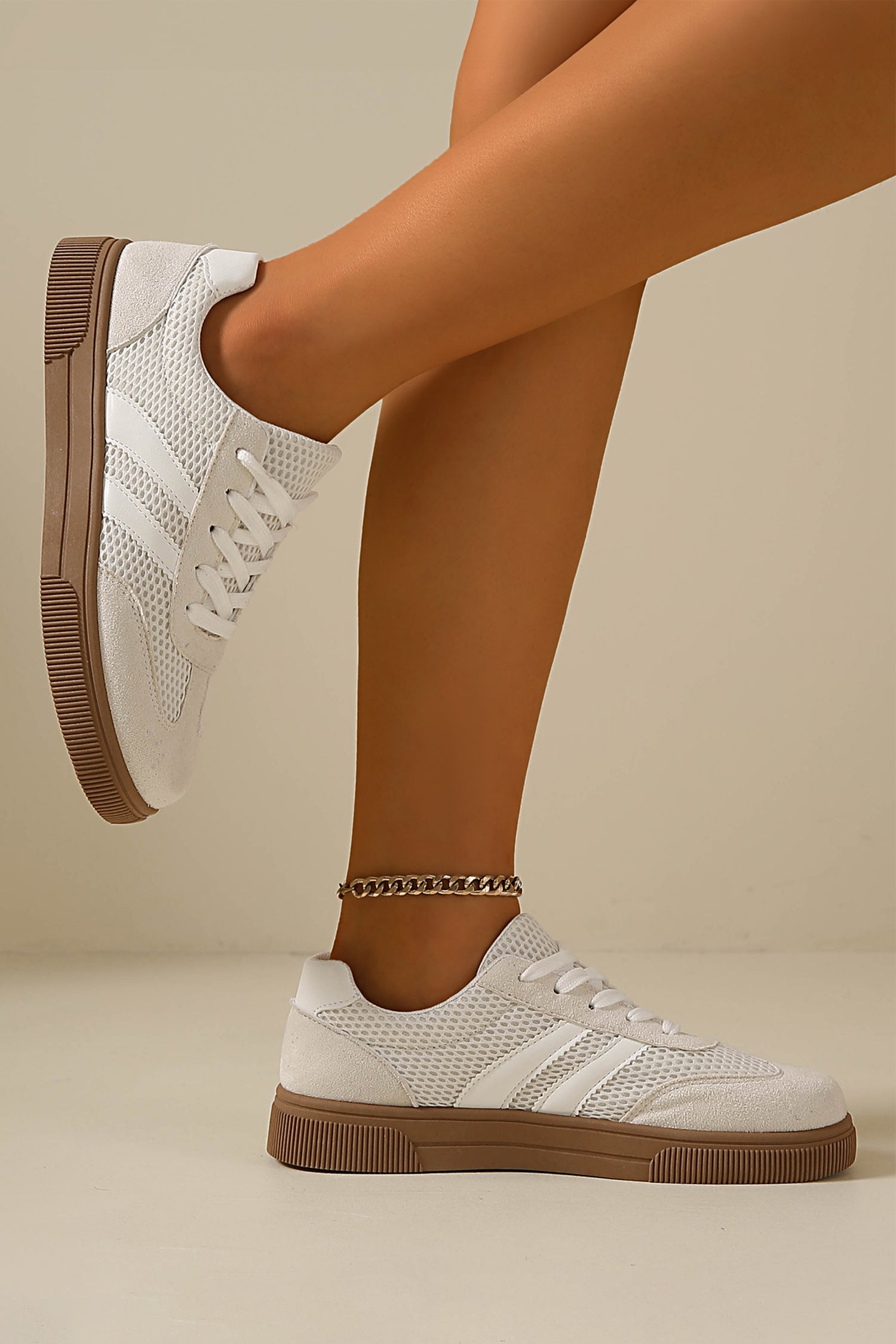 White Breathable Mesh Patchwork Lace Up Flat Shoes