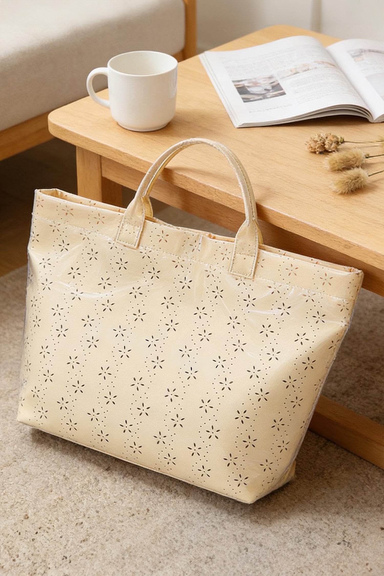 Beige Eyelet Flower Pattern PVC Glossy Waterproof Tote Bag
