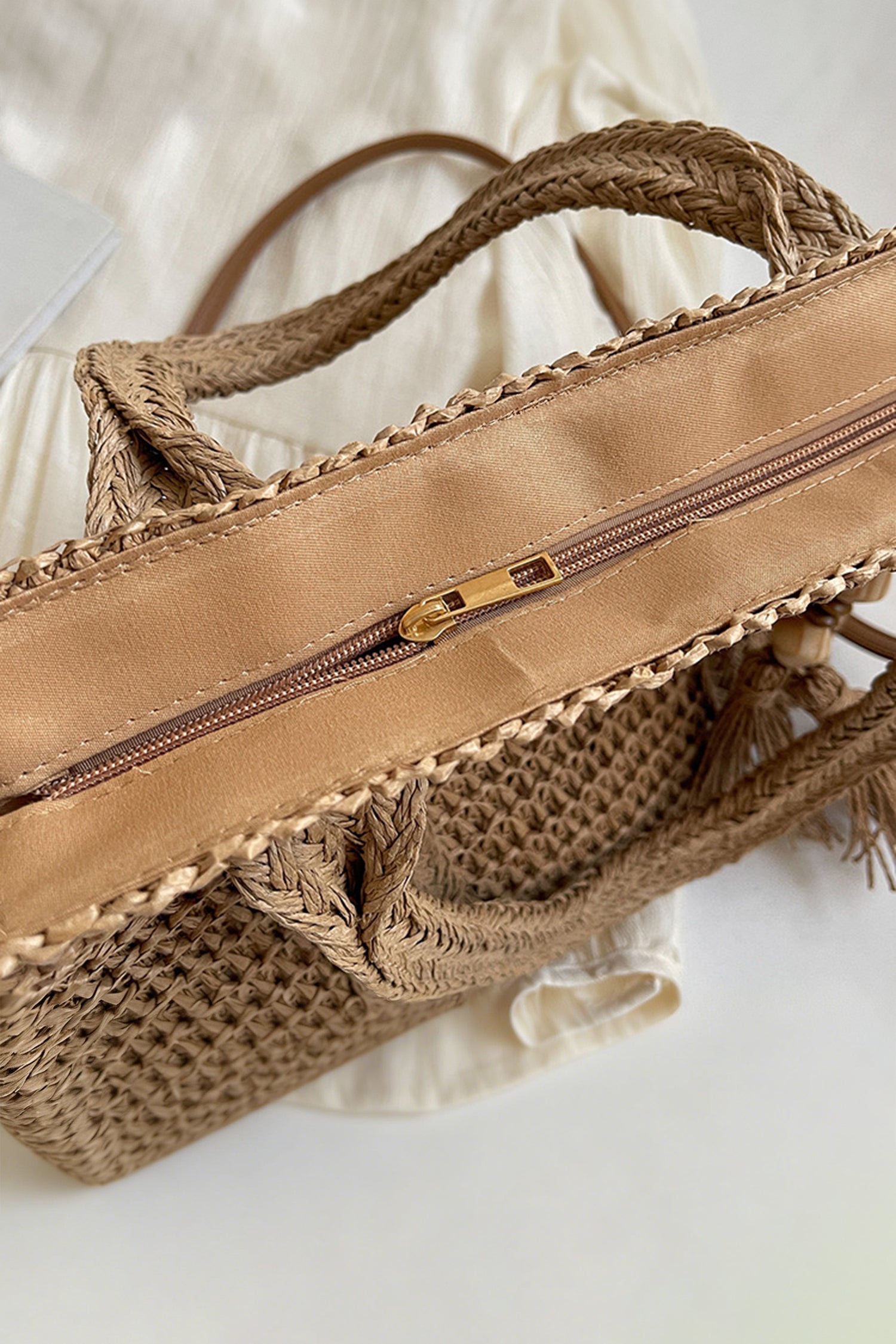 Light French Beige Rattan Woven Beach Vacation Shoulder Tote Bag