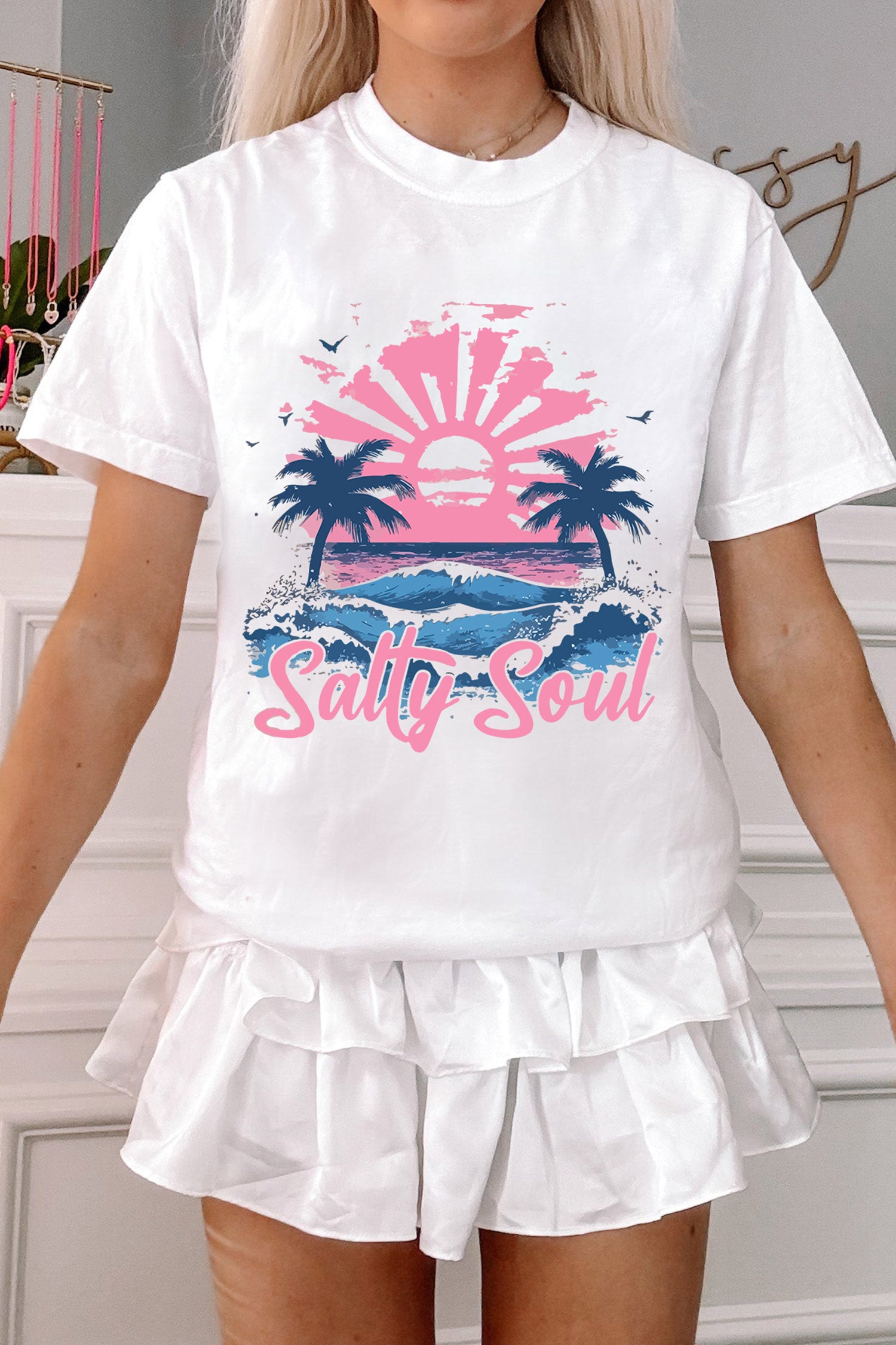 White Salty Soul Beach Vacation Casual Graphic T Shirt
