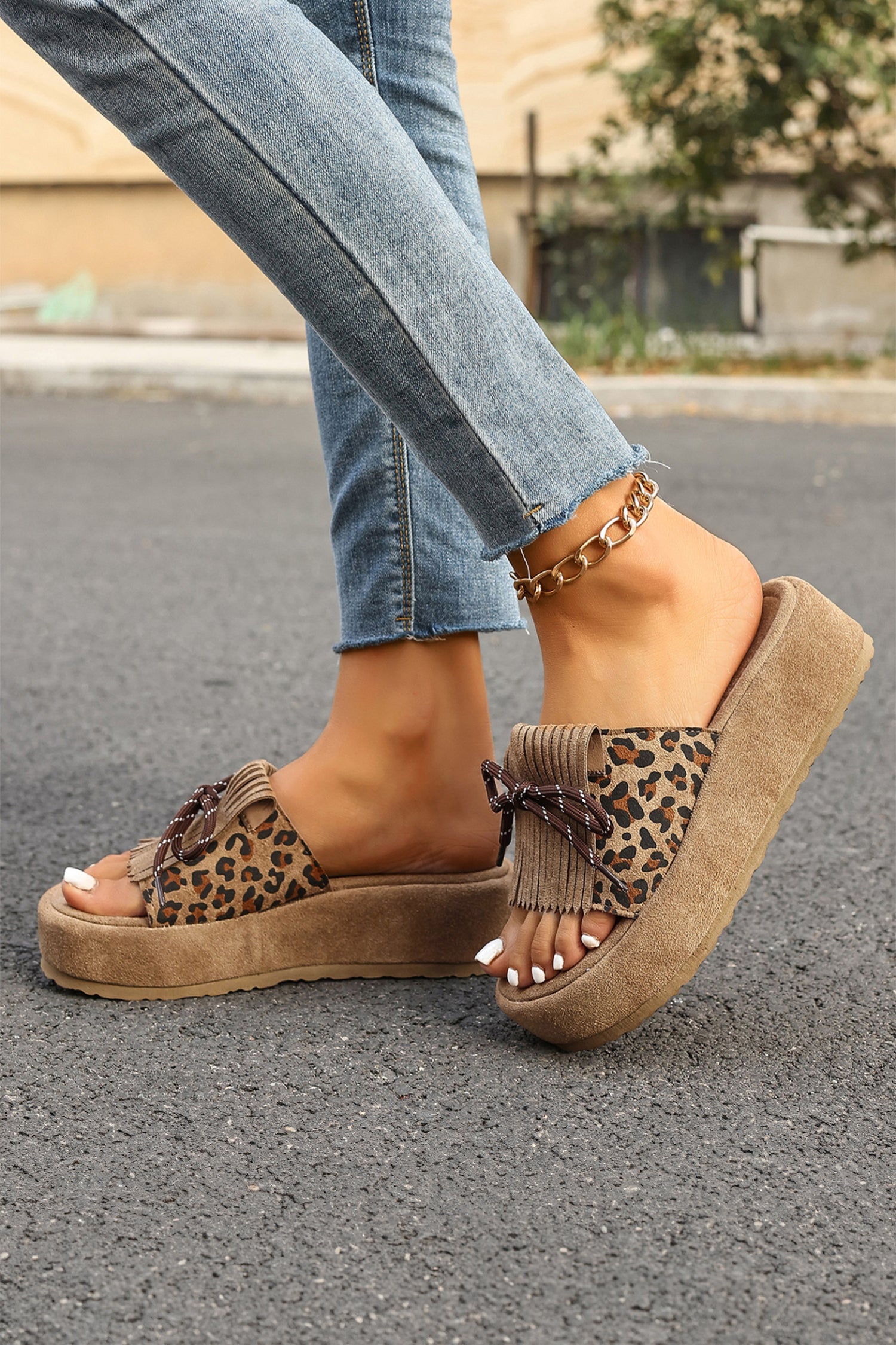 Coffee Leopard Faux Suede Slashed Lace-up Detail Platform Slippers