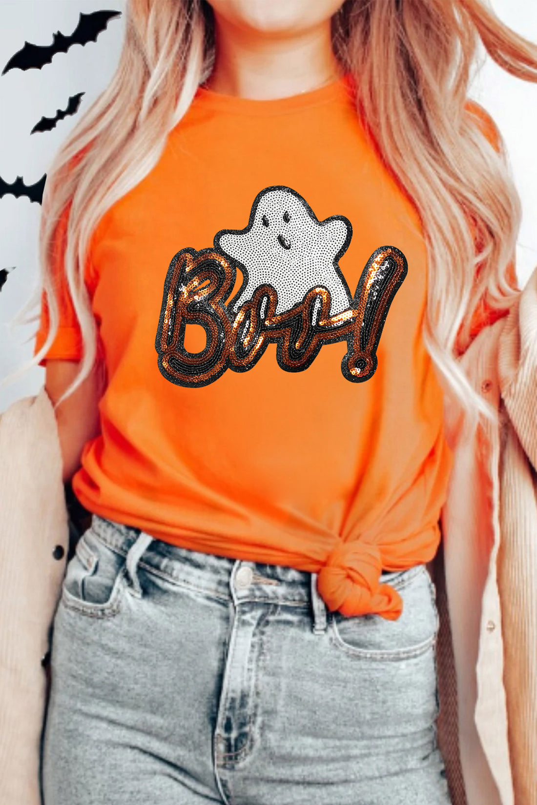Orange Sequin Ghost Halloween Graphic T-Shirt