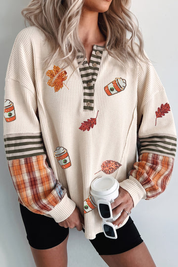 Beige Sequined Fall Vibe Pattern Plaid Stripes Patchwork Waffle Top
