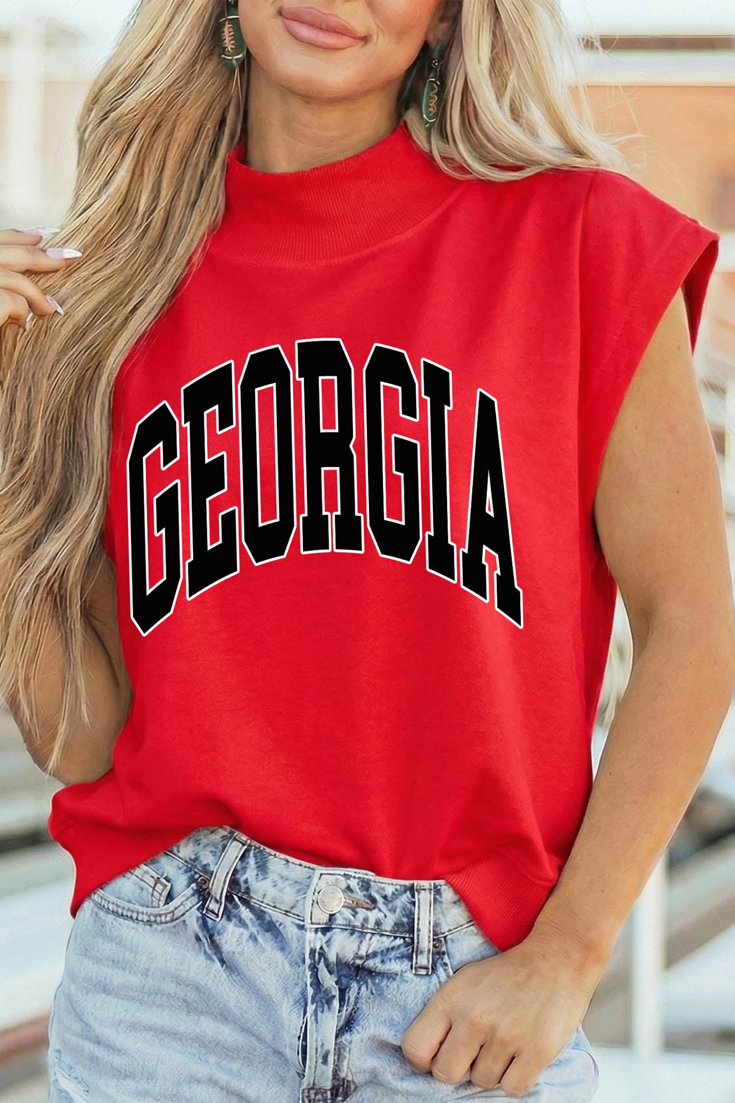 Racing Red GEORGIA Letter Print Game Day High Neck Short Sleeve Top