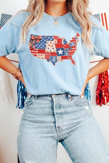 Light Blue Faux Patchwork Print American Patriotic Graphic Tee