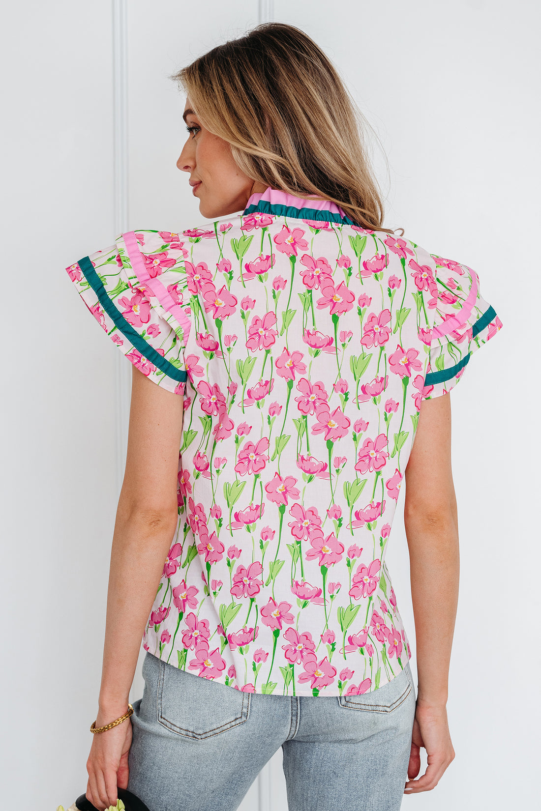 Pink Floral Print Contrast Trim V Neck Double Ruffled Short Sleeve Blouse