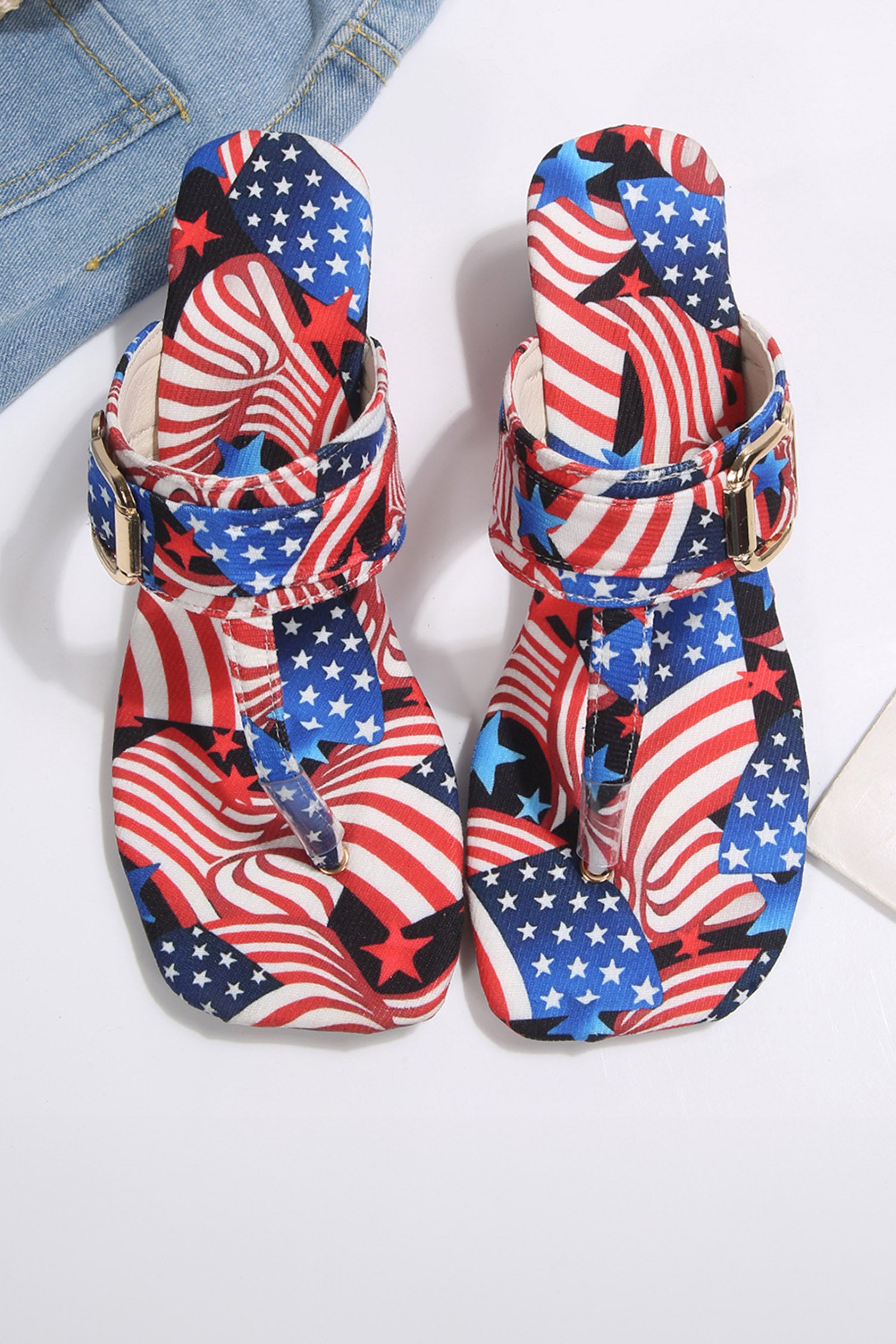 Fiery Red 4.5cm Wedge Heel Patriotic Flag Print Casual Summer Flop Flops