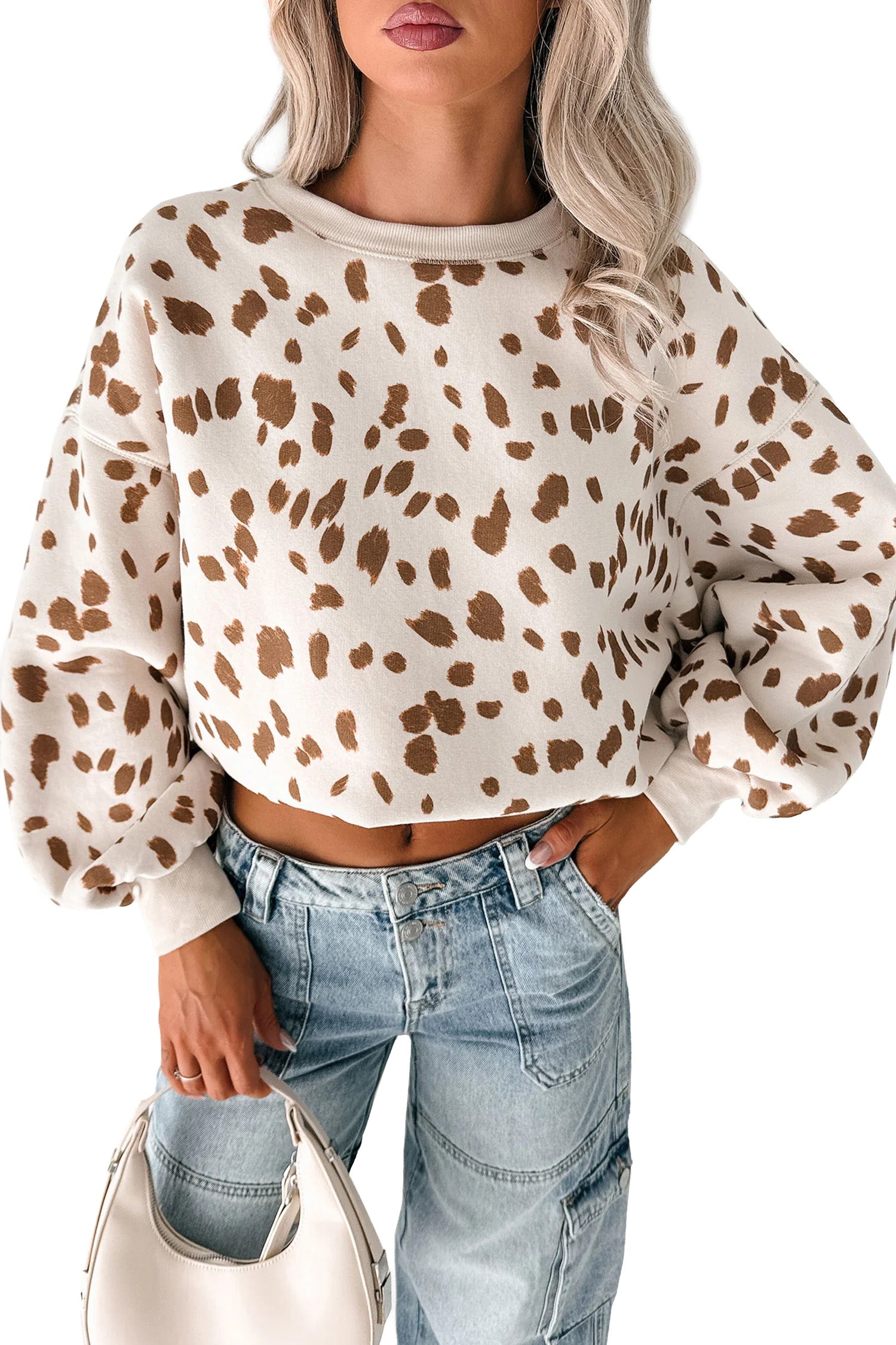 Brown Leopard Print Dropped Shoulder Round Neck Casual Sweatshirt