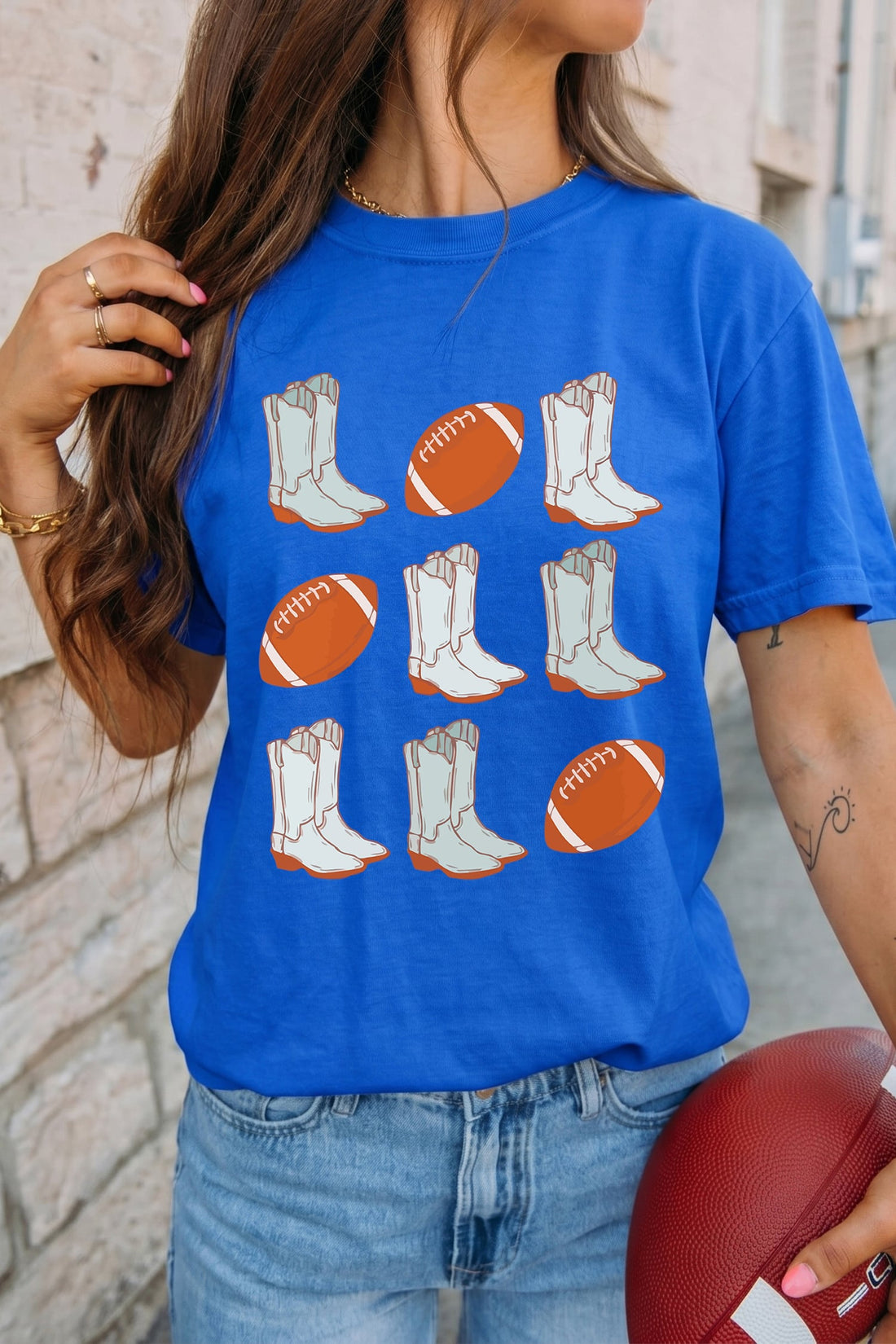 Dark Blue Western Boots Rugby Graphic Print Round Neck Tee