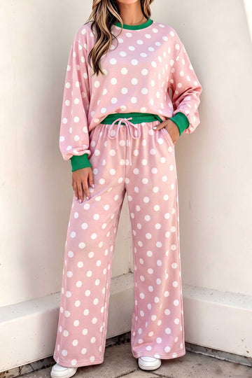 Pink Polka Dot Contrast Trim Long Sleeve Top Drawstring Shift Pants Set