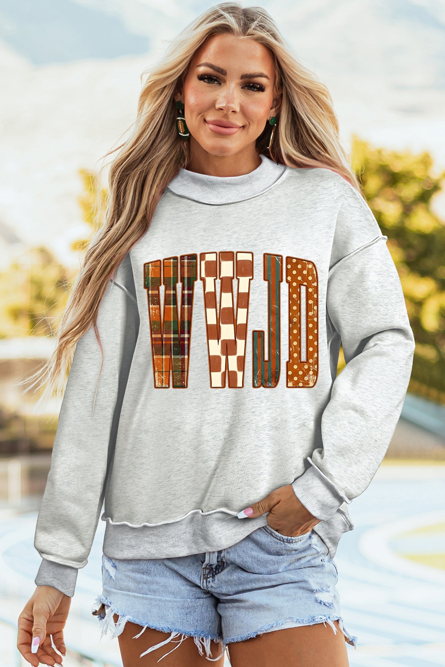 Light Grey WWJD Graphic Mock Neck Oversized Sweatshirt