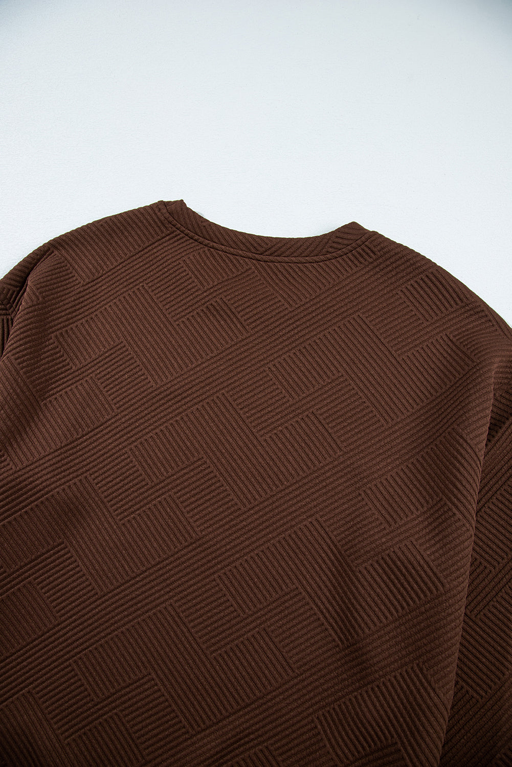 Coffee Solid Color Textured Round Neck Drop Shoulder Pullover Sweatshirt