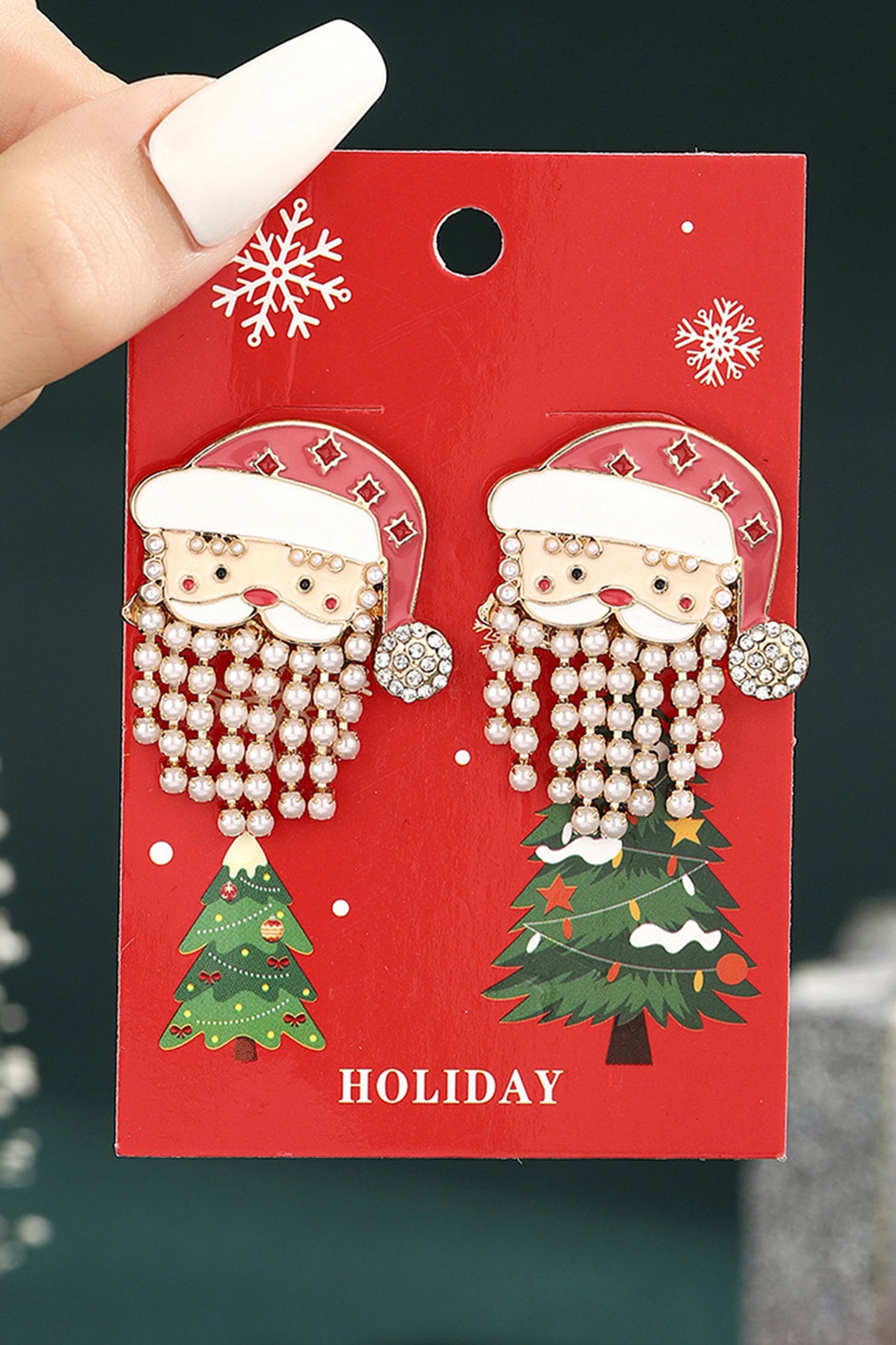 Fiery Red Pearl Beard Rhinestone Embellished Santa Claus Earrings